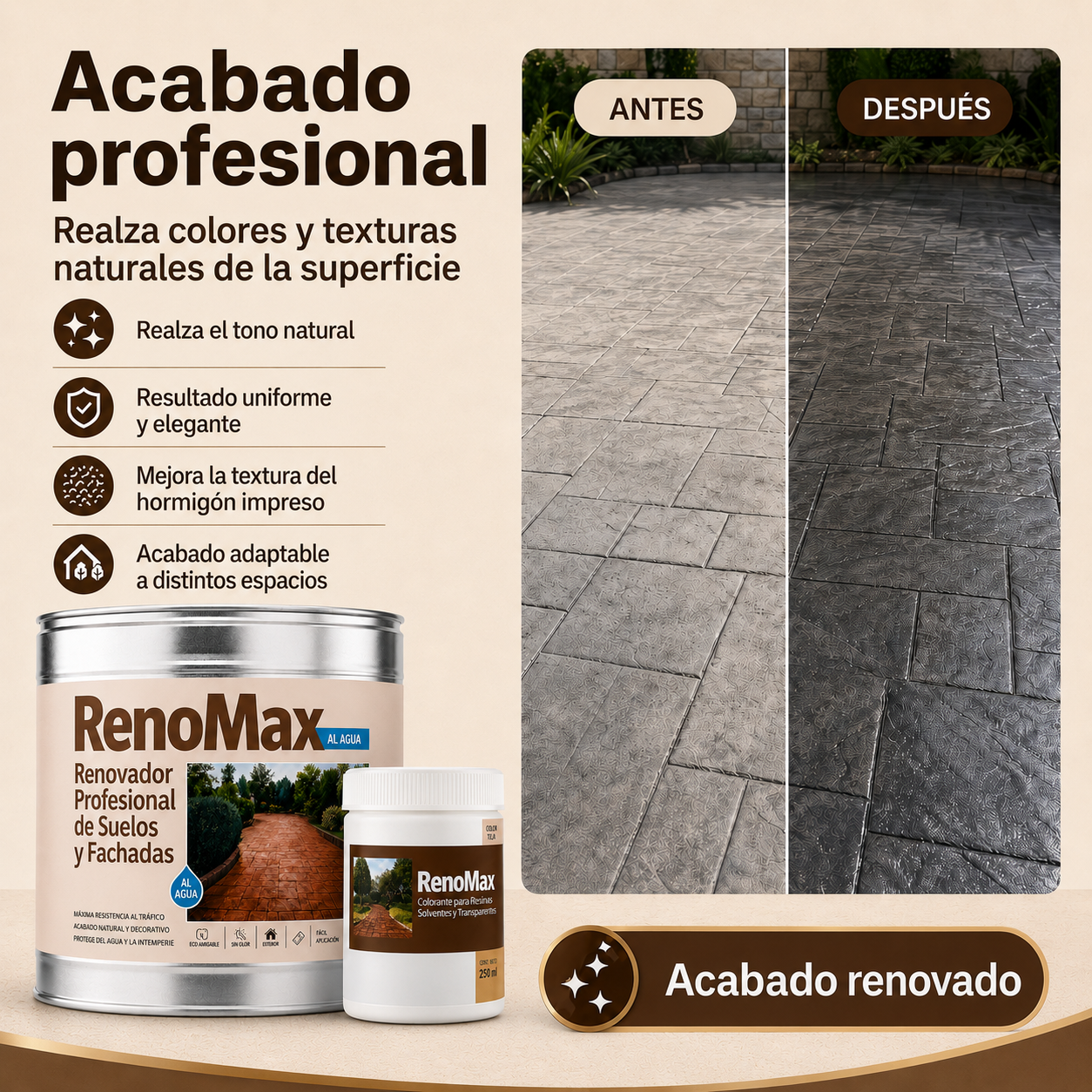 RENOMAX - Resina Hormigon Impreso y Superficies Porosas Al Agua + Tinte Hormigon Impreso Color Cemento, 2L Cubre hasta 20m² | Garantía 5 Años - 6