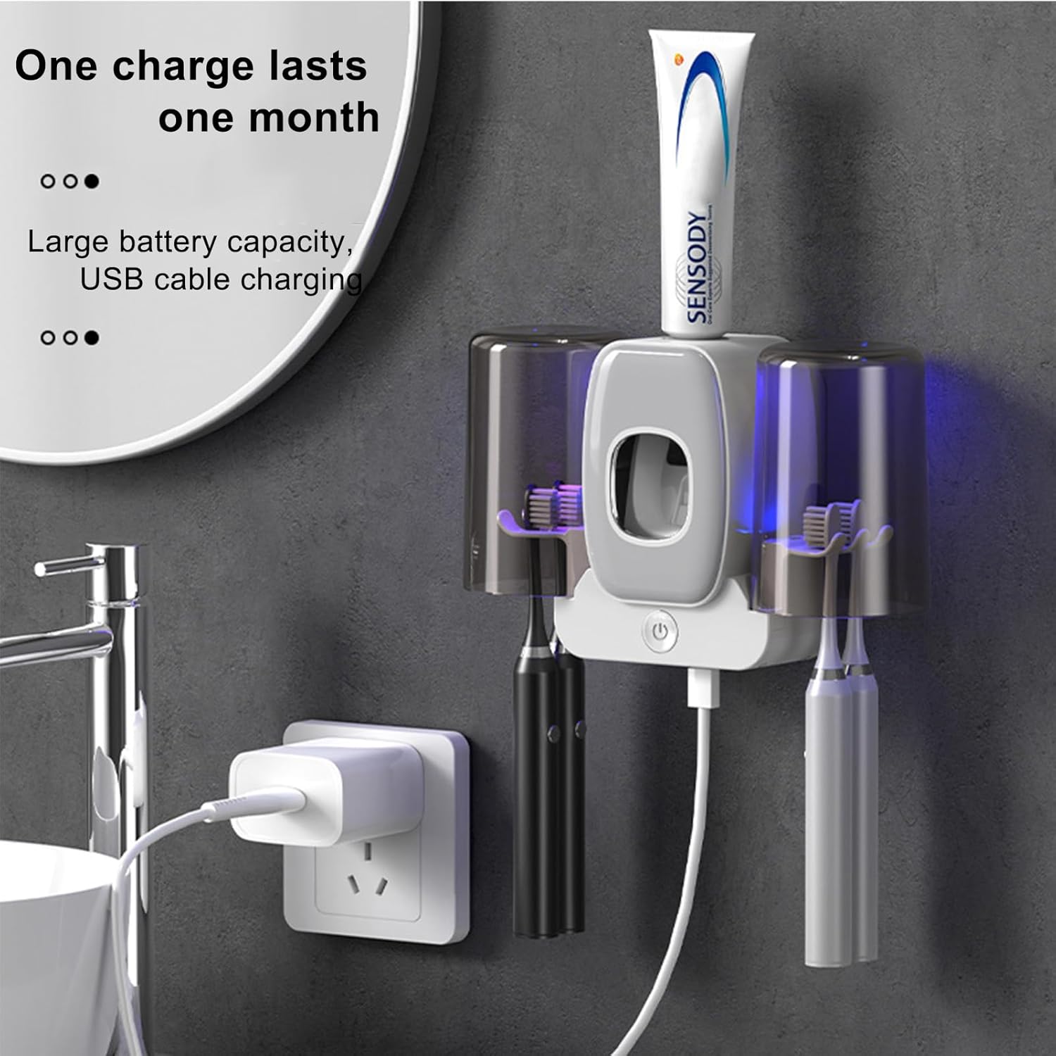 Porte-brosse à dents mural - Stérilisateur UV - Stérilisateur intelligent - Porte-brosse à dents adhésif - Presse-dentifrice automatique - Blanc - 3