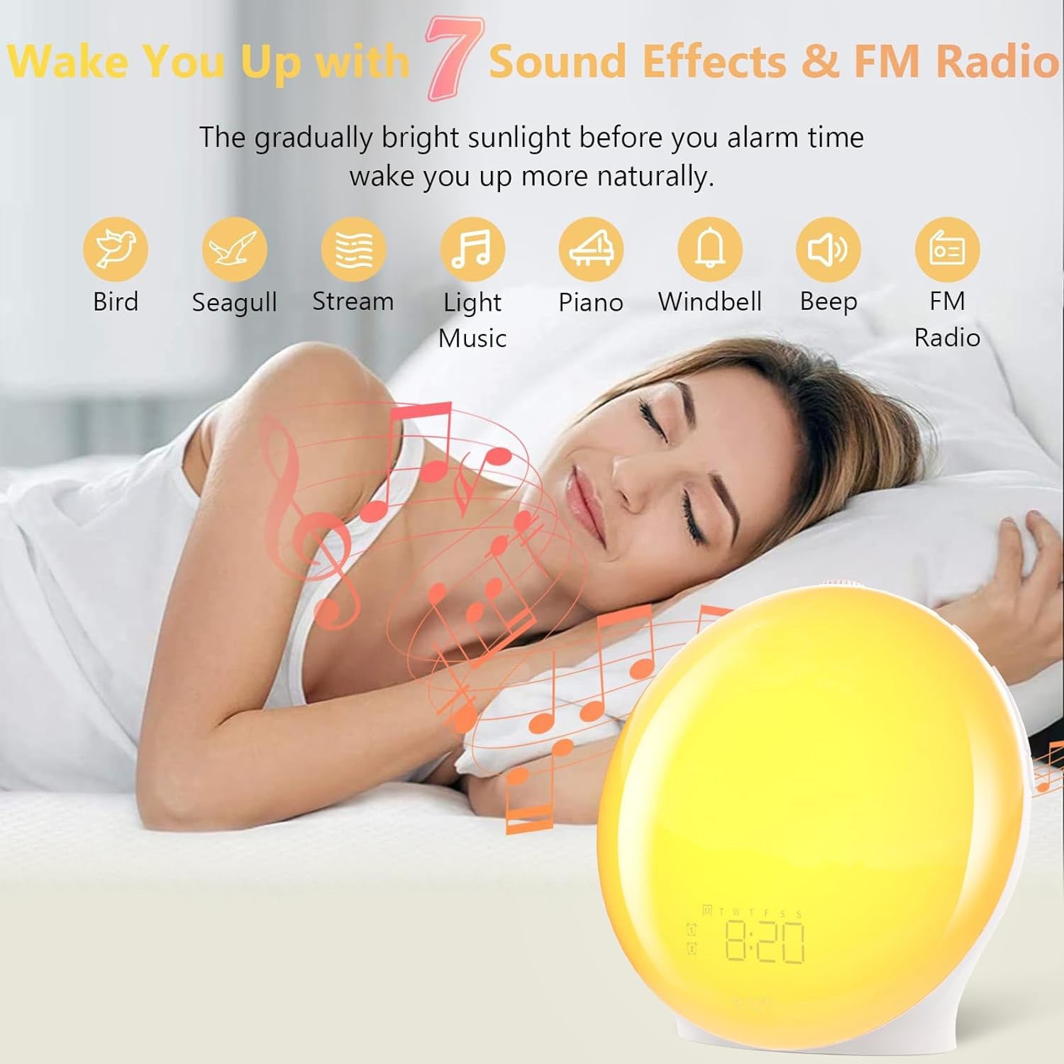 Radio-réveil Simulateur d'aube/crépuscule, lampe LED, réveil doux, ambiance personnalisable, fonction Snooze pratique - 3