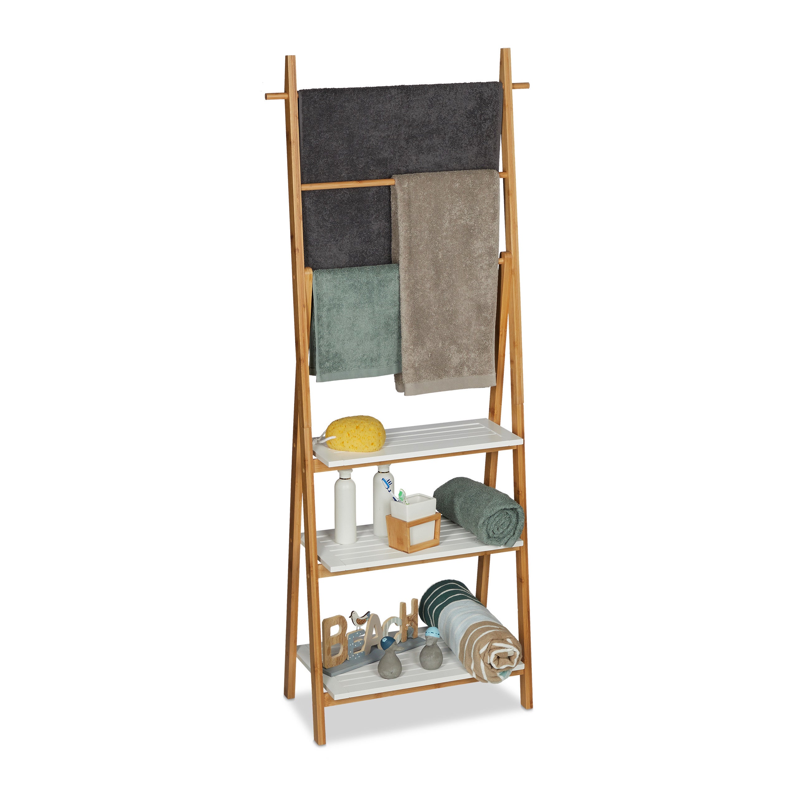 Relaxdays Porte-Serviettes Pliable 4 Barres - Bambou Et Fer - Pour Salle De Bain
