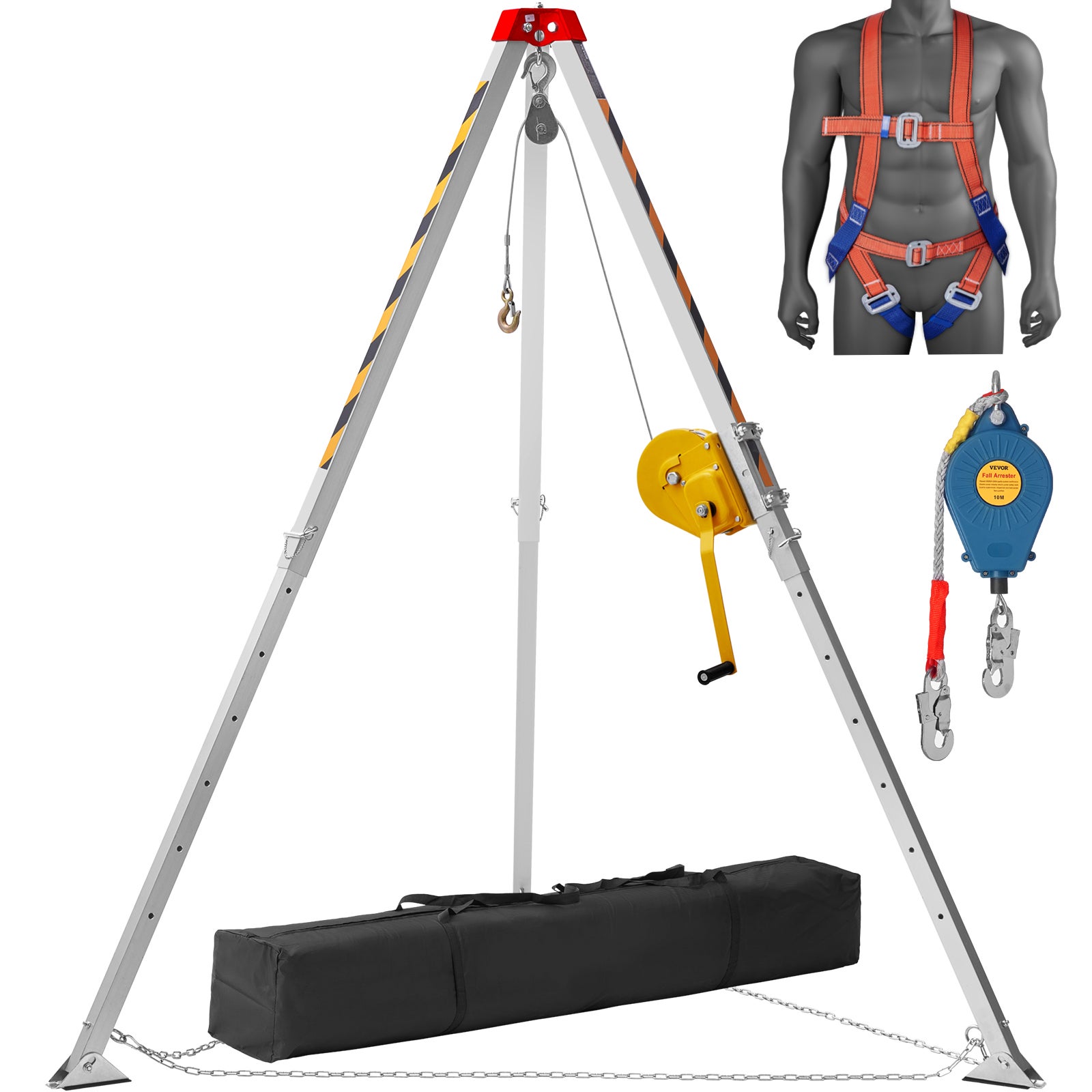 Zestaw statywów ratowniczych VEVOR z wyciągarką 1800 lbs, nogi 7 ft, kabel 98 ft, uprząż, do pracy w przestrzeniach zamkniętych