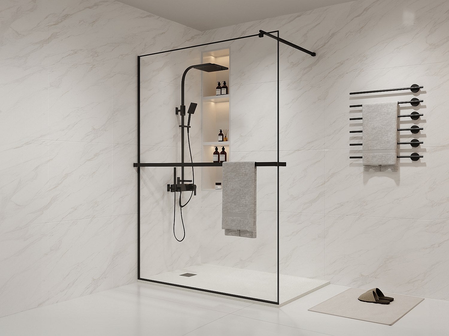 Ścianka prysznicowa do kabiny walk-in z wieszakiem na ręczniki i półeczką - 140 x 200 cm - Czarny mat - BONPERO