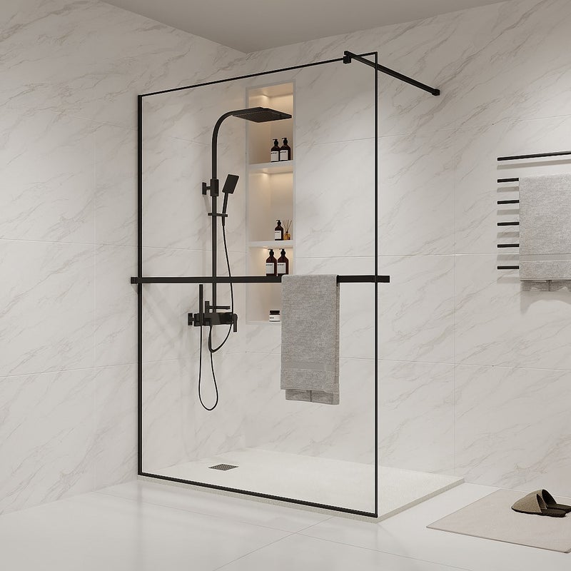 Ścianka prysznicowa do kabiny walk-in z wieszakiem na ręczniki i półeczką - 140 x 200 cm - Czarny mat - BONPERO