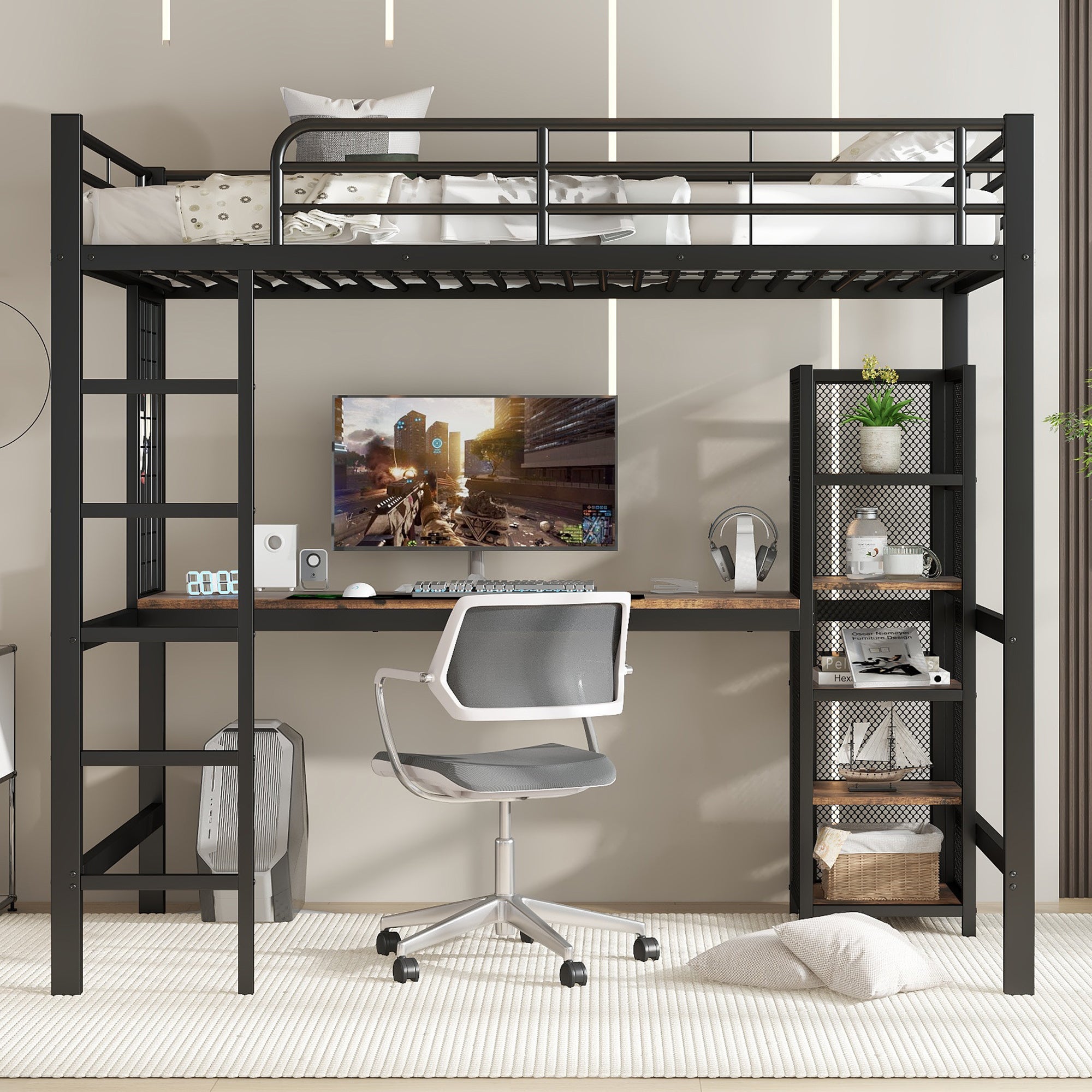 Łóżko antresola 90x200 cm - z biurkiem i półką do przechowywania - z 5-stopniową drabinką zabezpieczającą - Metal + MDF - Czarny + Naturalny