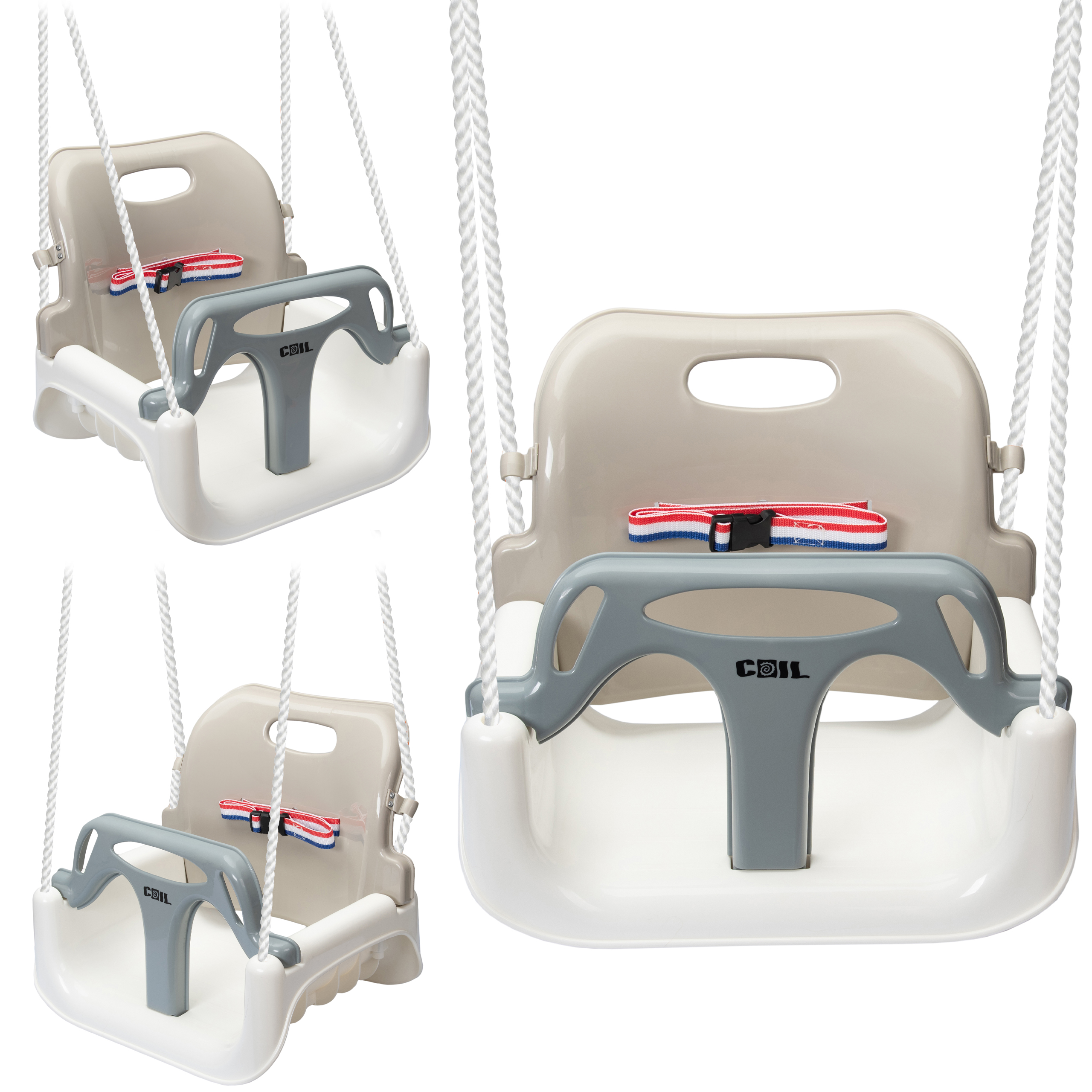 COIL Huśtawka dla dzieci ogrodowa fotel wiszący mocna 3w1 kubełkowa pasy kremowo-biała