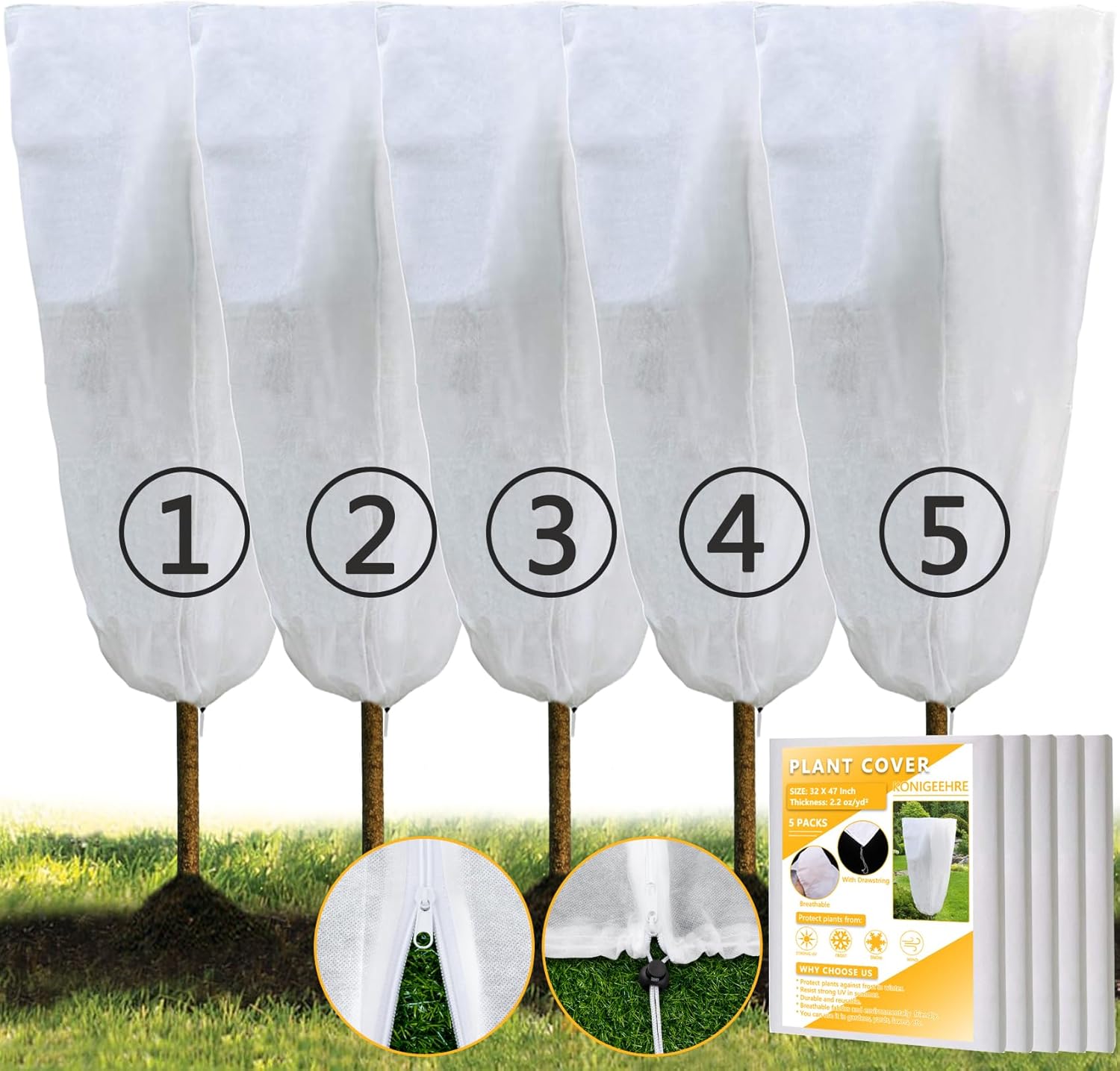 Protections Hivernales Pour Plantes - Lot De 2, 120 X 180 Cm - Tissu Respirant, Avec Fermeture éclair Et Cordon - 3