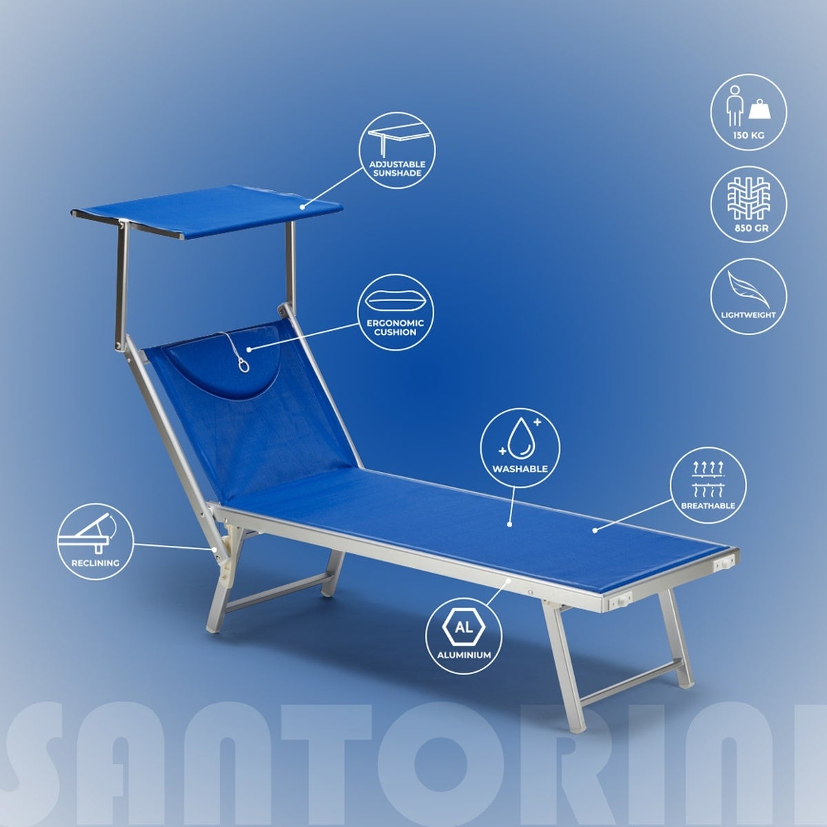 2 transats de plage bain de soleil professionnels en aluminium Santorini - 4