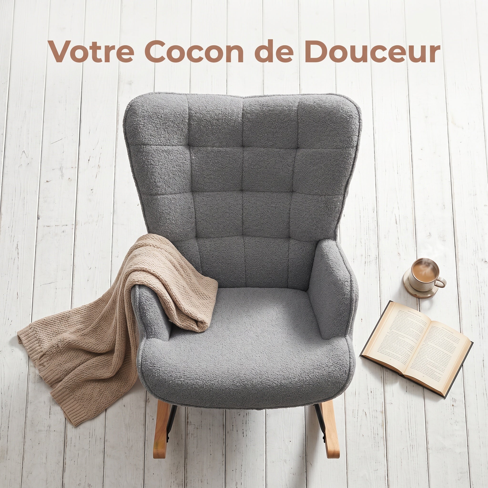 Fauteuil à Bascule, Rocking Chair d'Allaitement - Structure en métal et pieds bois massif, Maximale : 150 kg, Tissu Peluche Teddy, Gris, 75x68x92 cm - 5