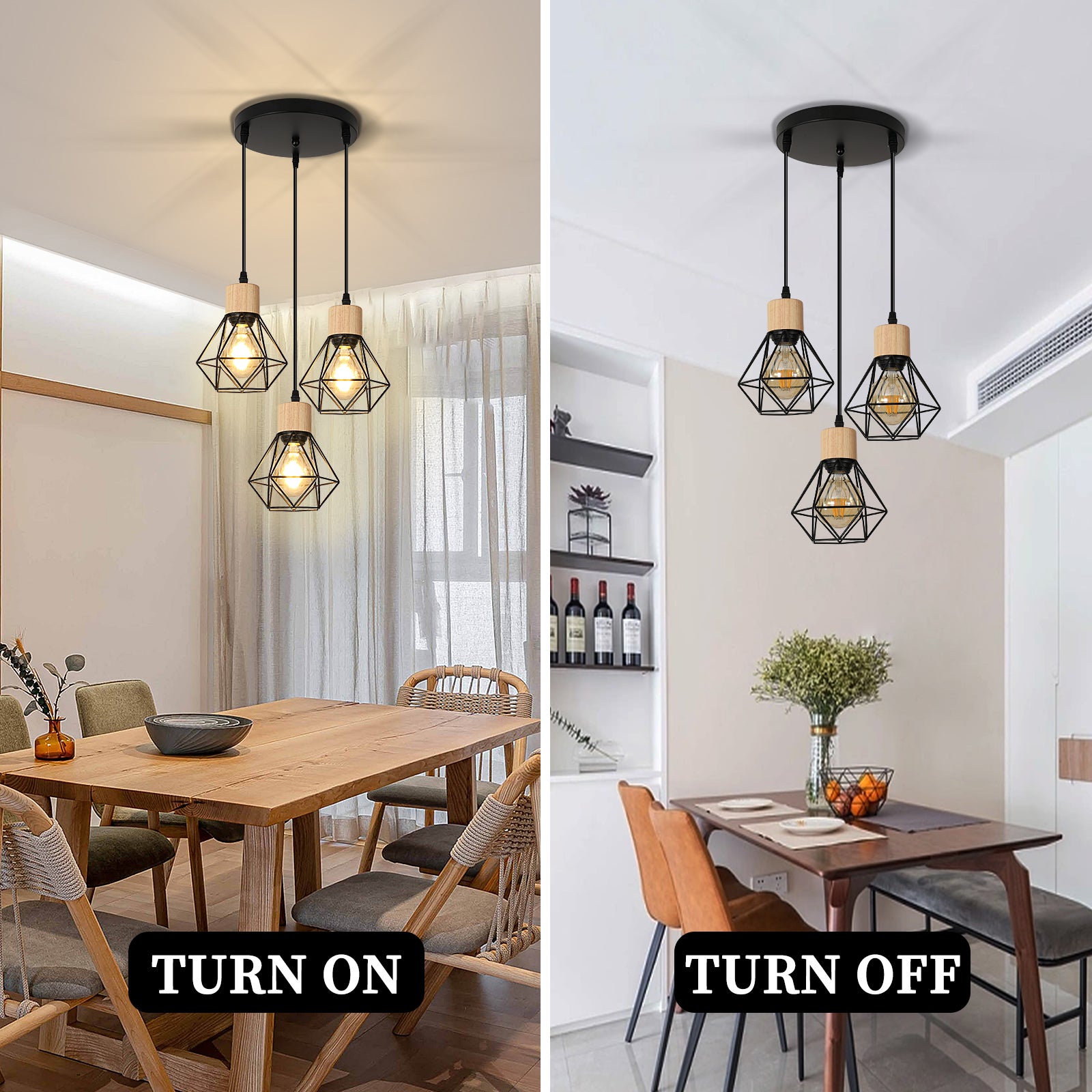 GOECO Lustre Suspension en Diamant, Noir - 3 Têtes, Châssis Rond 30 CM, fil 1m(Réglable), Base E27(sans Ampoule) - 8