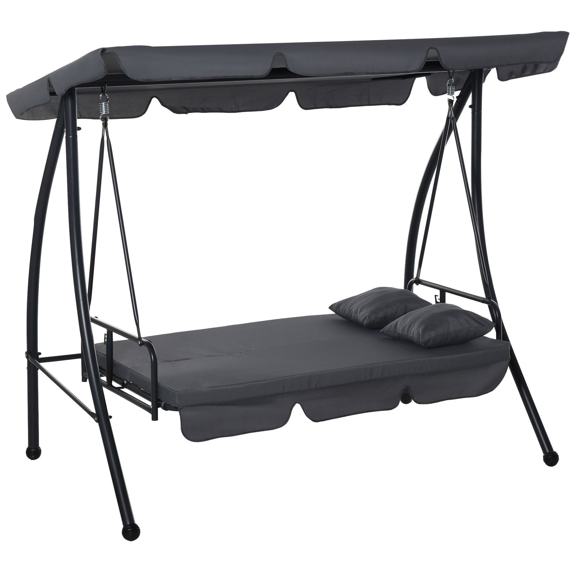 Balancelle de Jardin Convertible 3 Places Grand Confort Inclinaison Toit réglable Matelas fourni 2L x 1,25l x 1,7H m métal Polyester Noir Anthracite - 2