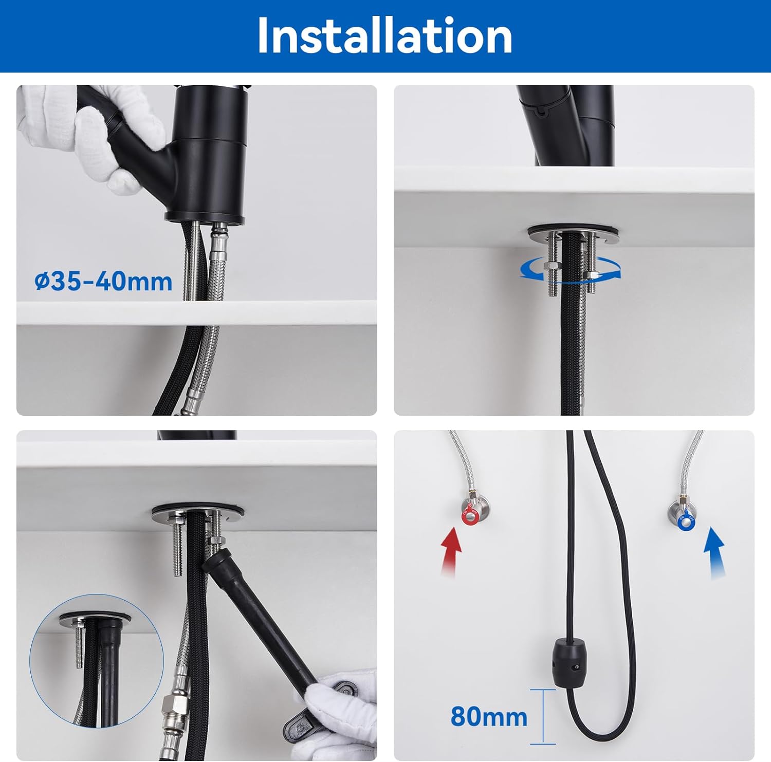 Robinet de Cuisine avec Douchette Extractible 2 Jets Mitigeur Évier à 360° en Laiton Robinetterie avec Monotrou L'eau Froide et Chaude, Noir - 7