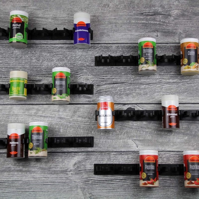 Półka na przyprawy bez otworów - mocowana do stojaka na przyprawy - 6 pasków na 30 przypraw (czarna)