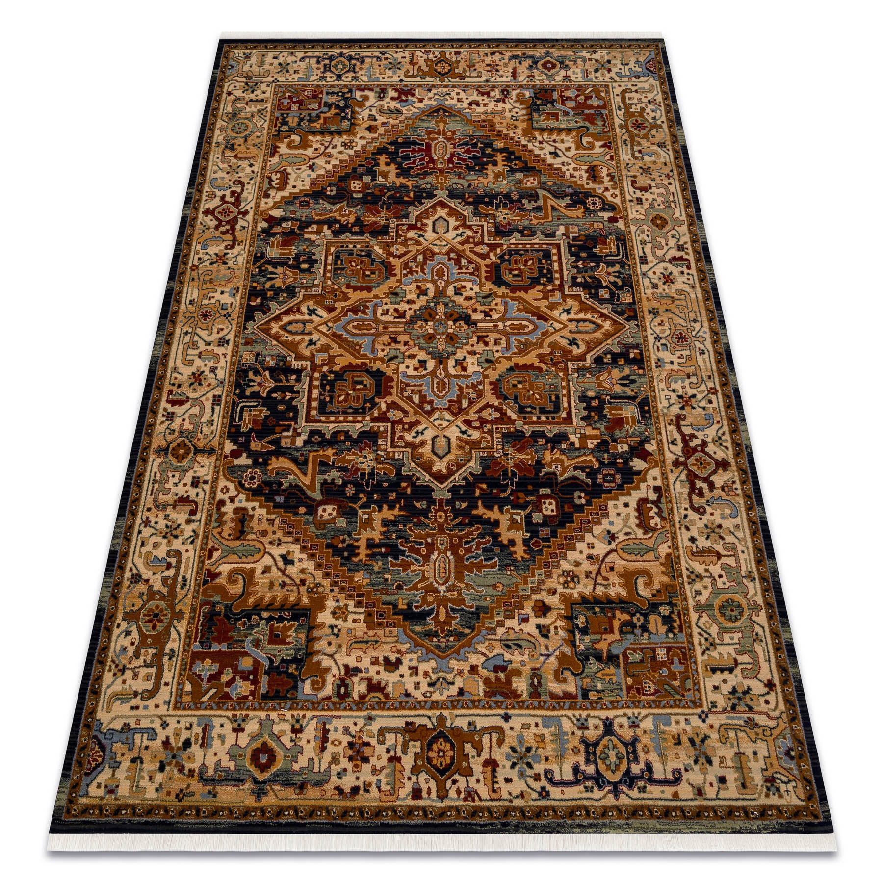 Dywan wełniany KESHAN Frędzle, Ornament, ramka orientalny 2886/53511 beż / granat 250x340 cm