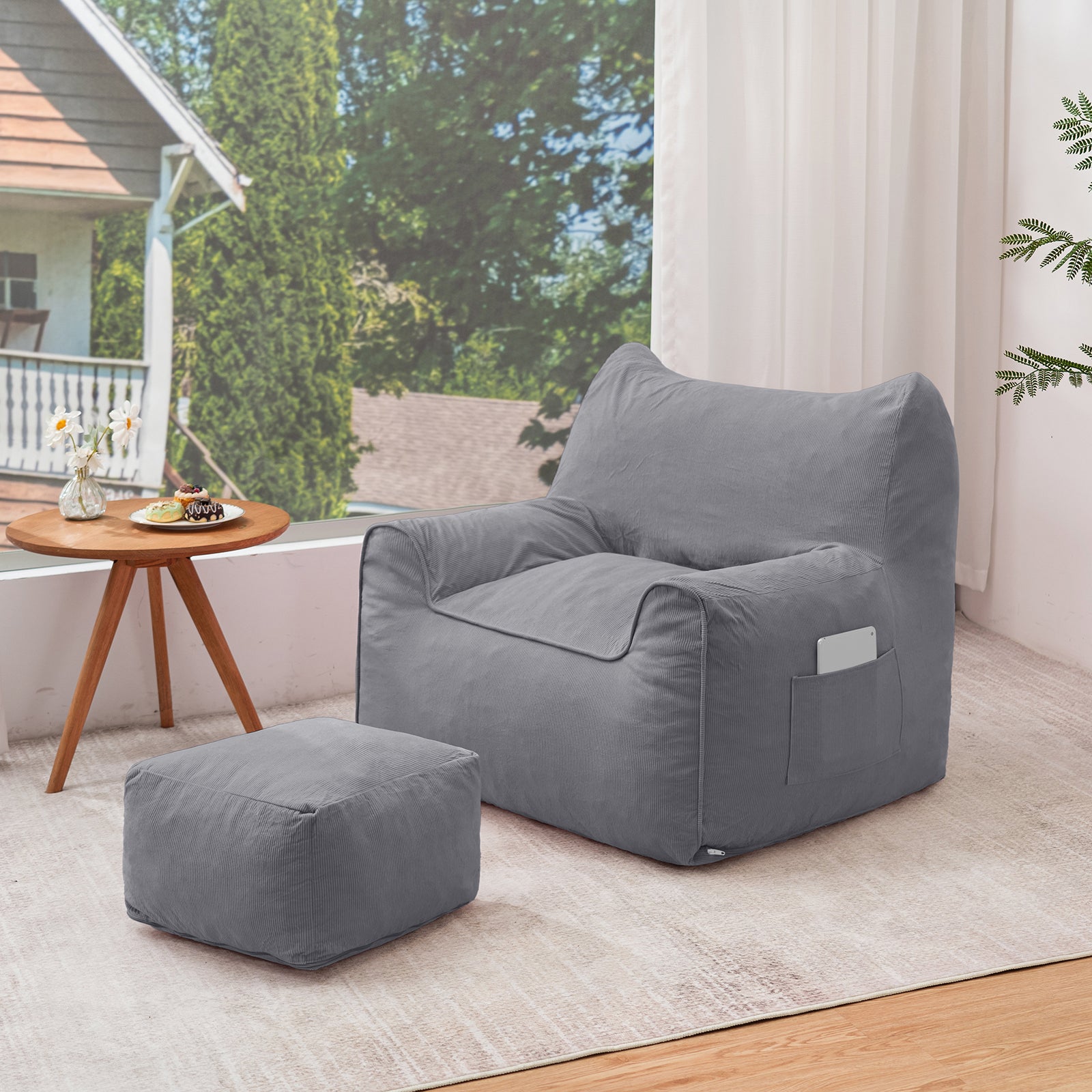 Poltrona de veludo cotelê, puff com apoio para os pés, 90x75x75cm, para quarto, sala de estar, presente de Natal - Cinza - 7