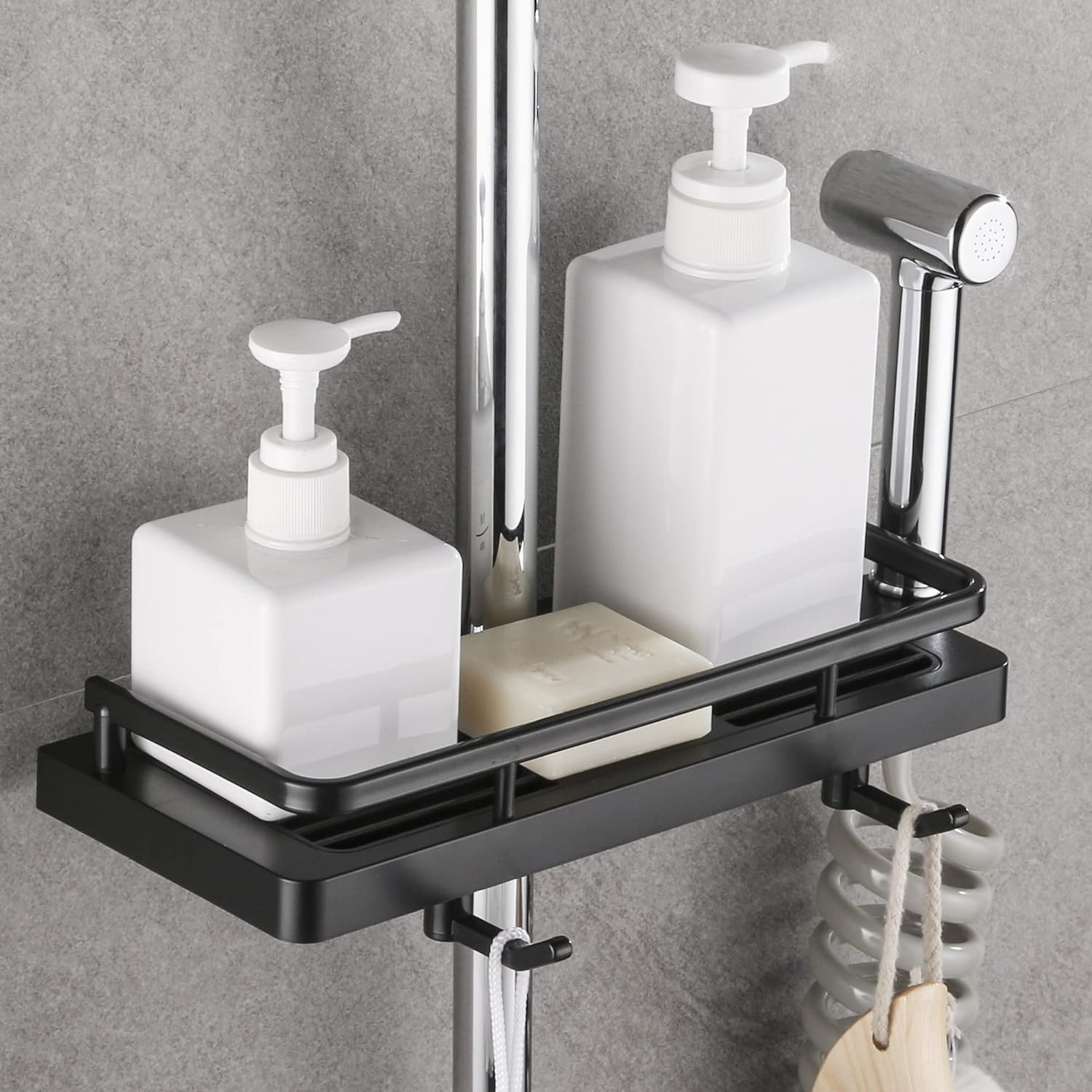 Étagère de Douche Sans Percage Tablette de Douche pour Poteau avec Support de Pommeau,Étagère de Rangement de Salle de Bain Pour Shampooing Savon,et - 2