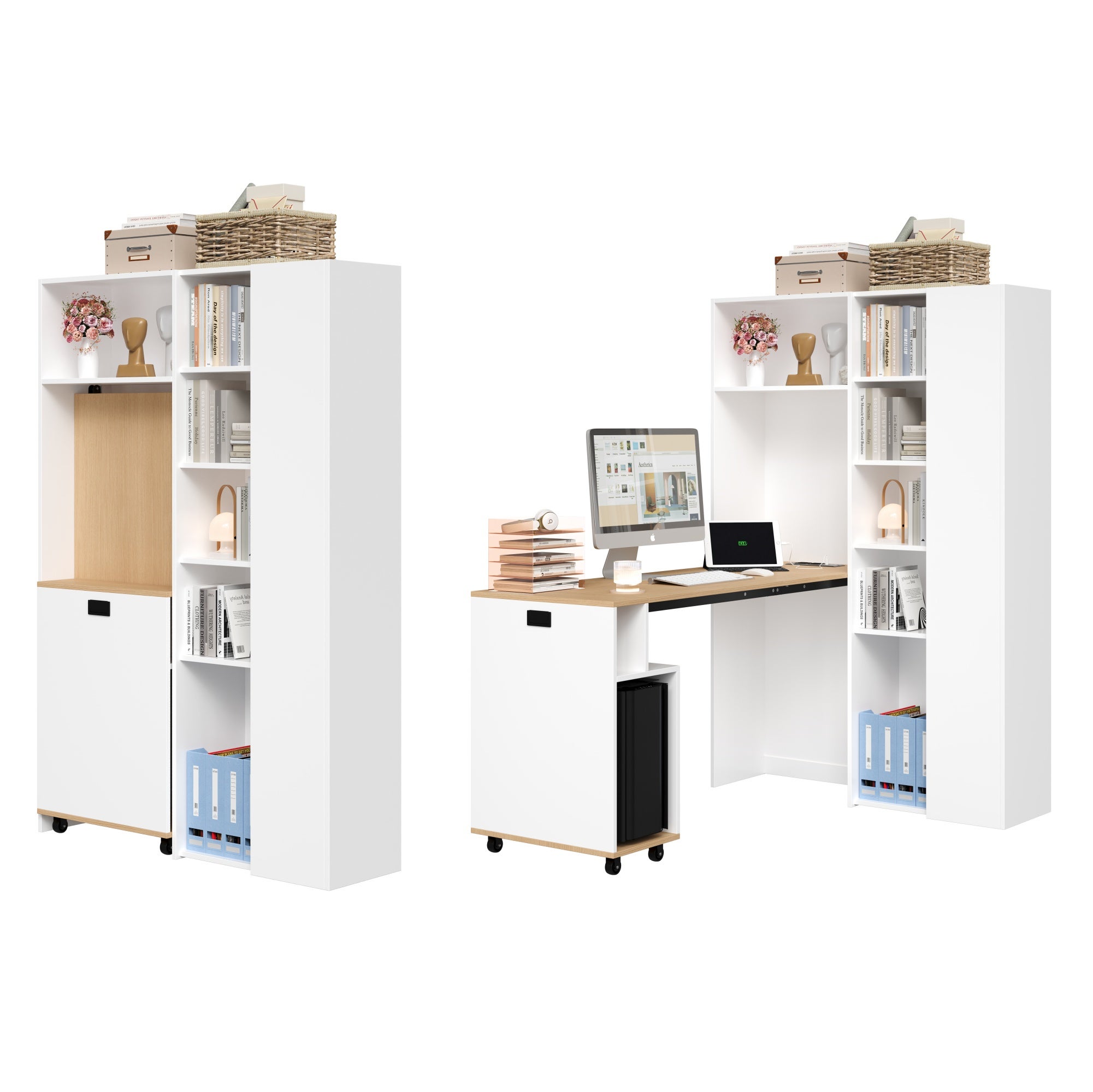 Bureau pliable avec Bibliothèque - 139 x 50 x 71 cm + 104.5 x 30.5 x 160 cm - MDF - Prises de charge et USB - Etagères réglables - Blanc - 7