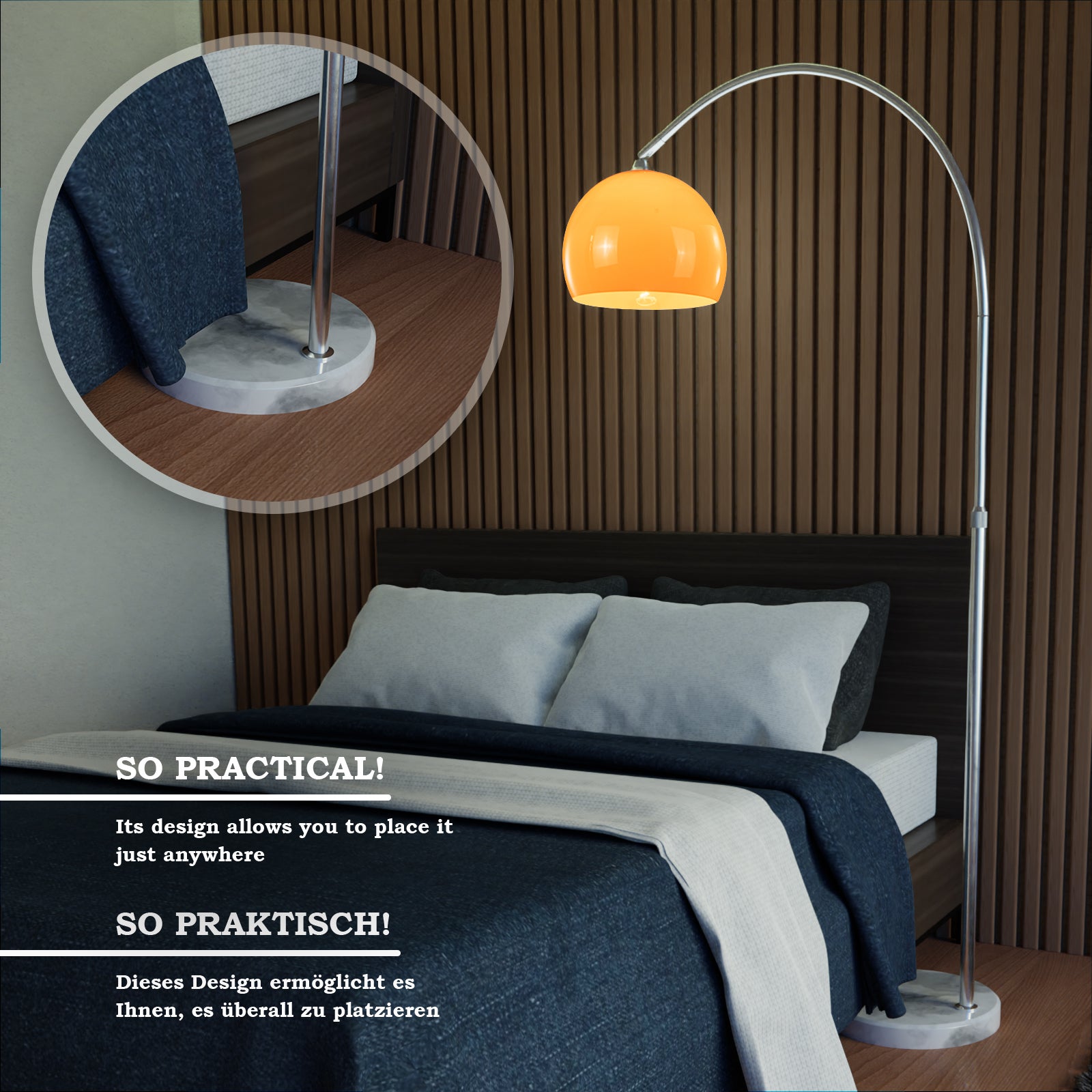 Lampe sur Pied - à Archet, max. 8/60W avec Ampoules Régulières/LED E27, Hauteur Réglable, Inox, Abat-jour Rotatif 360°, Orange - 4