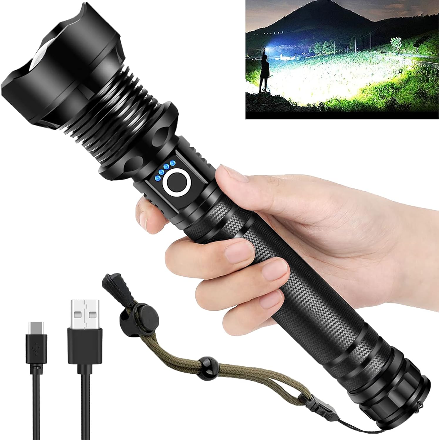 Torcia A LED A Lungo Raggio Ad Alta Potenza Con Luce Forte Ricarica USB 26800 Batteria Al Lio Torcia A Lungo Raggio Con Zoom Telescopico Per Esterni - Foto 7