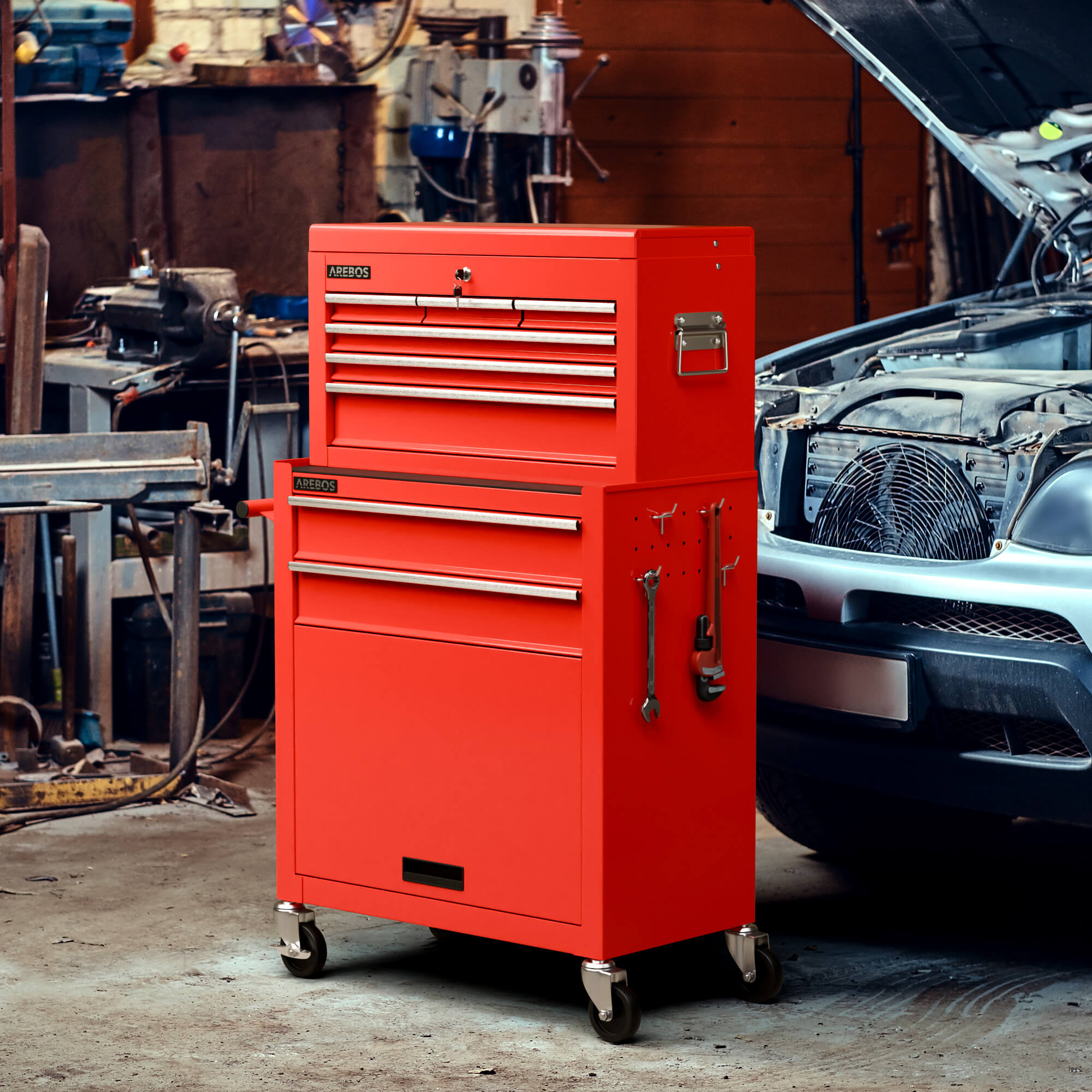 AREBOS Servante d’atelier 9 tiroirs Rouge – Coffre à outils mobile verrouillable, acier robuste, tiroirs à roulements à billes, roues freinées - 8