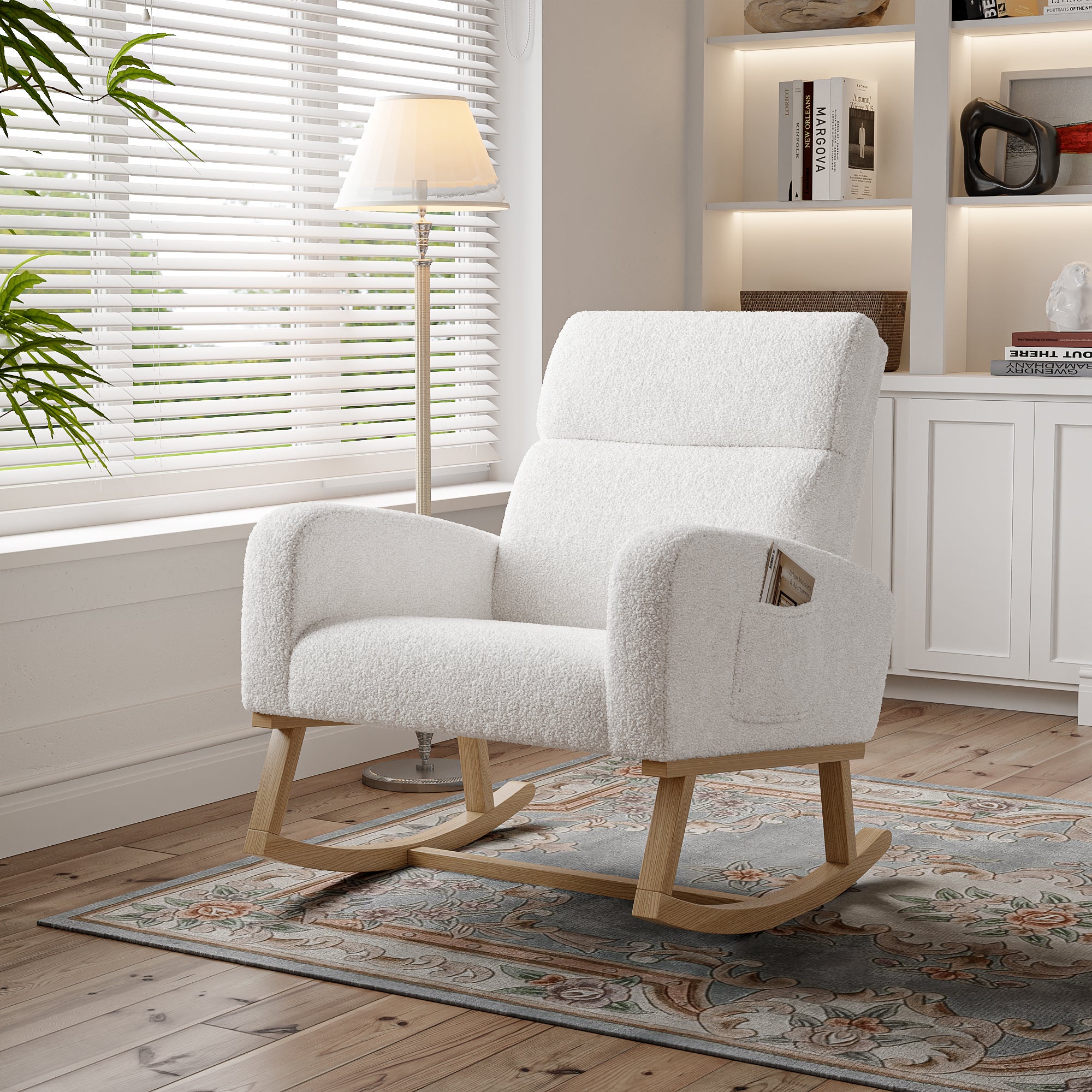 Fauteuil à Bascule, Rocking Chair en Tissu Teddy, Fauteuil Allaitement Scandinave, Chaise à Bascule en Bois Massif pour Salon, Chambre, Balcon, Blanc - 8