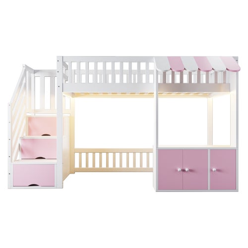 Lit superposé Enfant 90X200 avec armoire et LED, Lit mezzanine avec escalier de rangement et sommier à lattes, Rose(Sans Matelas) - 7