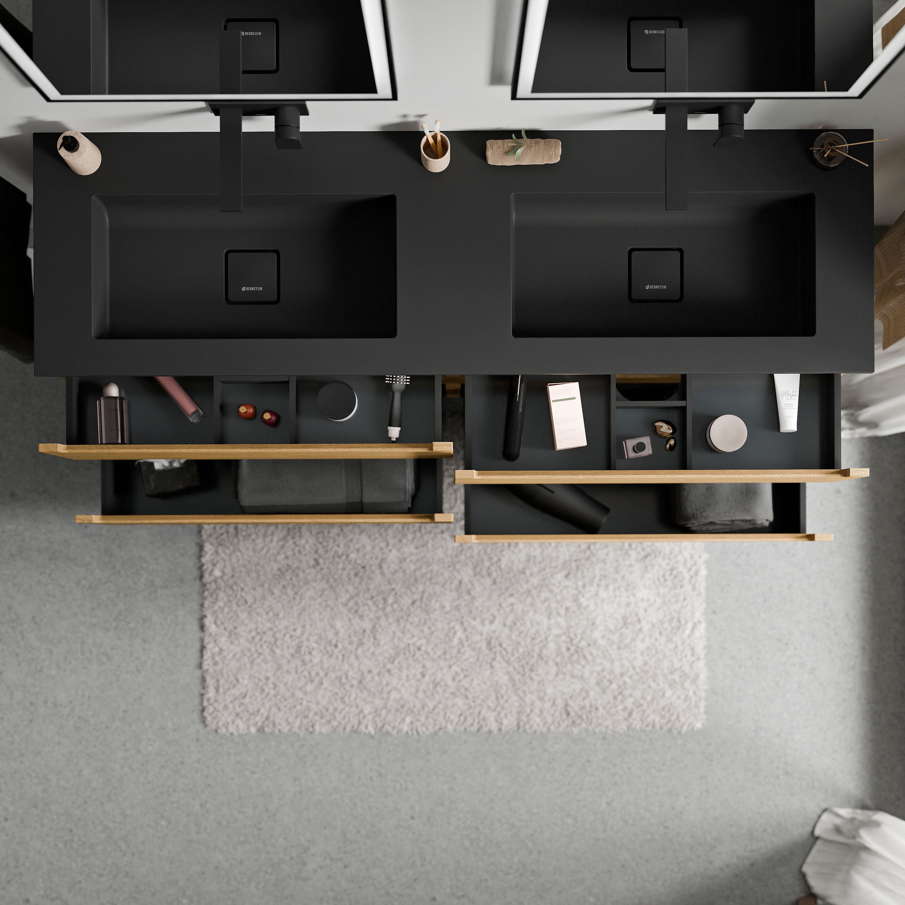 BERNSTEIN - Meuble double vasque suspendu MDF Chêne miel, lavabos fonte Noir mat sans trou robinet, tiroirs pivotants - 160x46x62cm - VIREO - 3