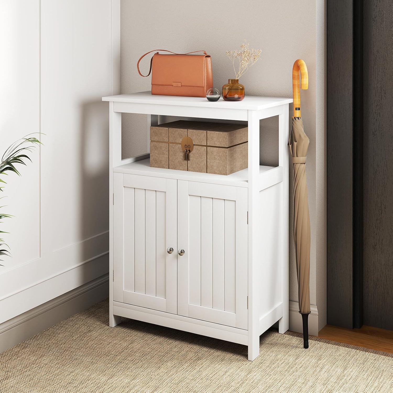 Mobile da bagno, armadio da bagno a terra con doppie ante, ripiano grande, 2 scomparti aperti, moderno per ingresso, soggiorno (bianco) - 4