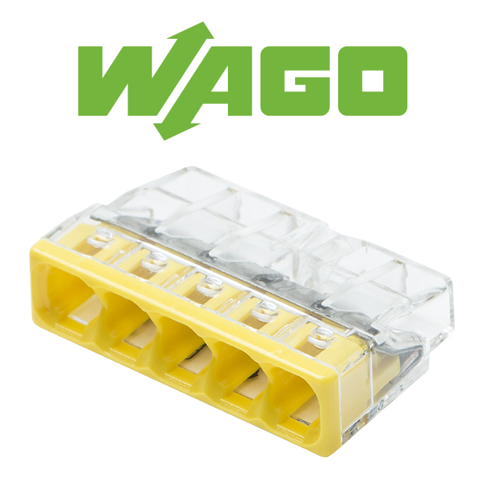 Pot de 100 mini bornes WAGO S2273, 5 points de serrage, 450 V, 24 A, connexion PUSH WIRE®, transparent, test visuel, 0,5-2,5 mm², compact - 3