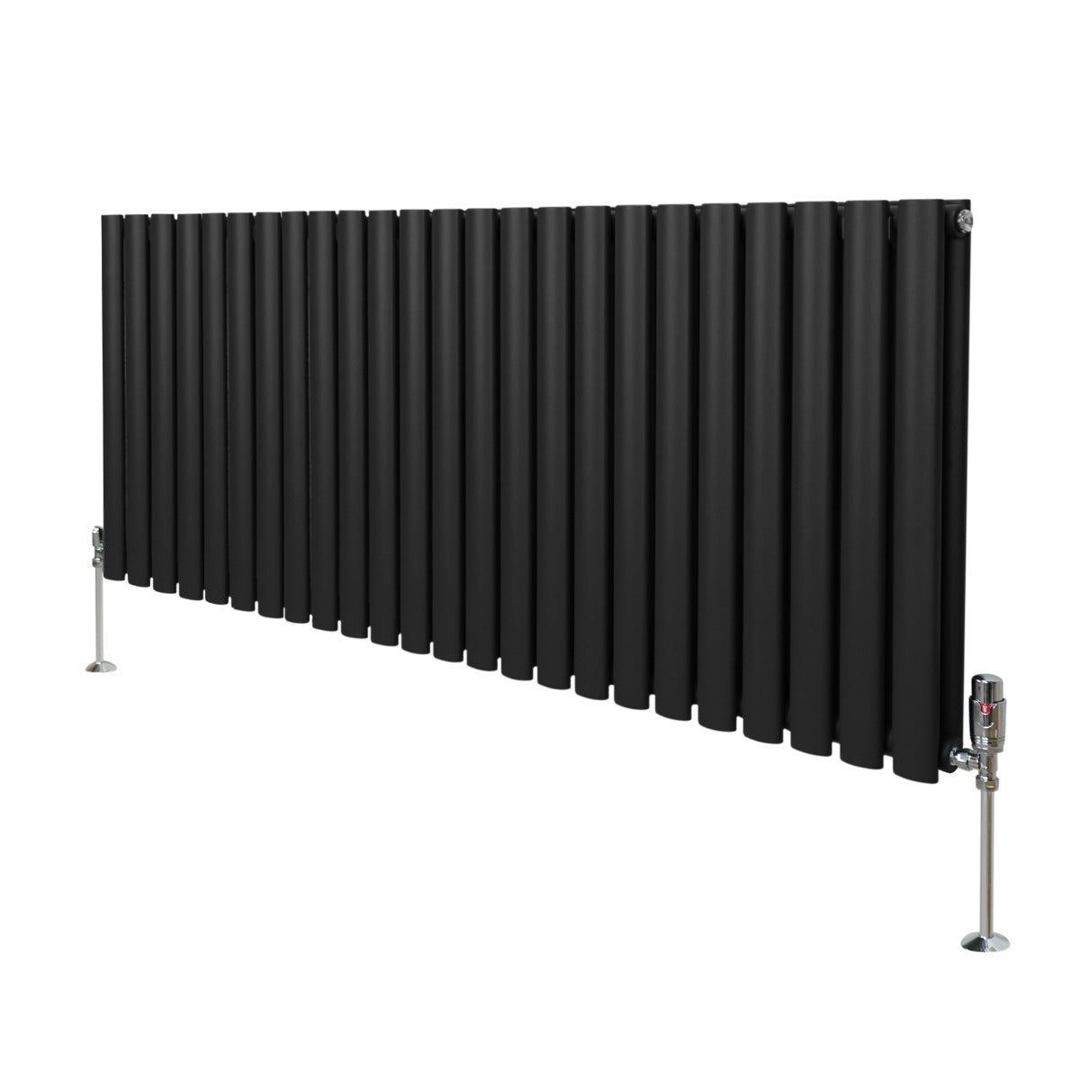 Radiador de columna ovalada 600mm x 1440mm horizontal & válvulas cromadas trv | negro | acero | montado en pared | kit
