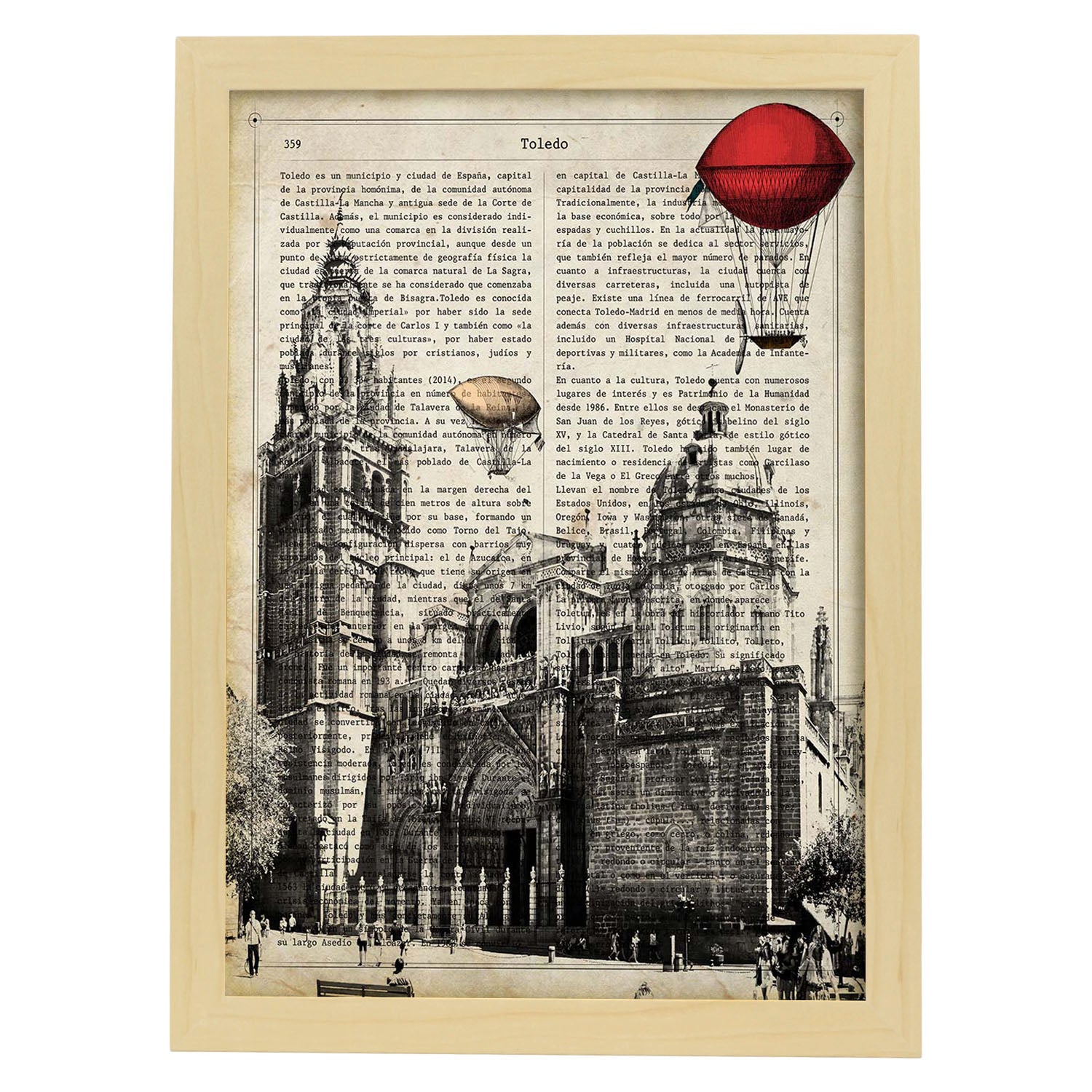 Lamina ciudad de toledo. estilo vintage. ilustracion, fotografia y collage con la historia de toledo. marco blanco - a3