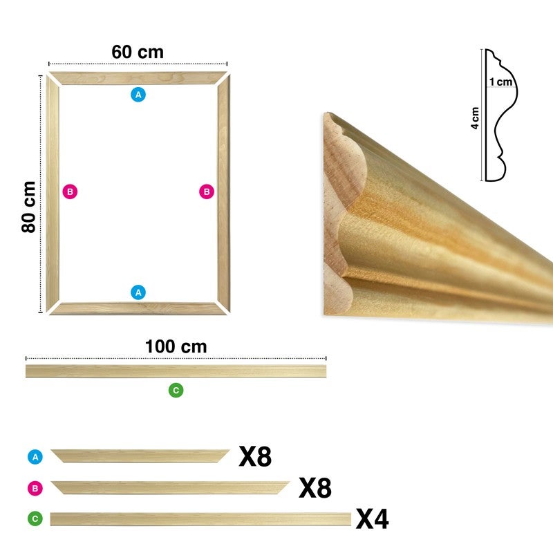Moulures murales en bois décoratives en kit de 4 cadres - Antoinette - 4 mètres - Faciles à coller et prêtes à peindre - Fabrication française - 4