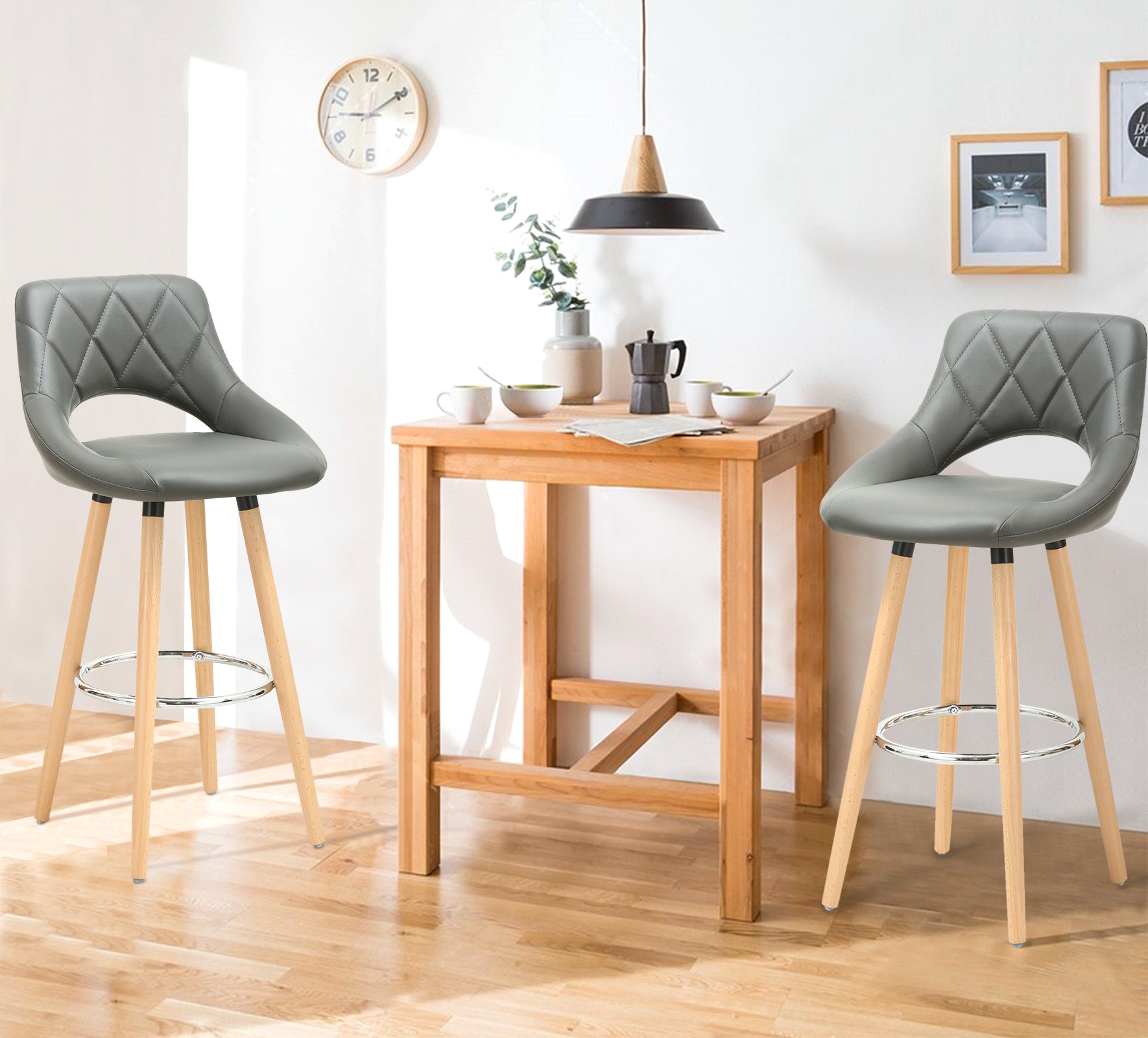 WOLTU Lot de 2 Tabouret de bar avec dossier et repose-pieds. Fait de similicuir et bois massif.Siège bien rembourré. 43x43x91cm.Gris - 2
