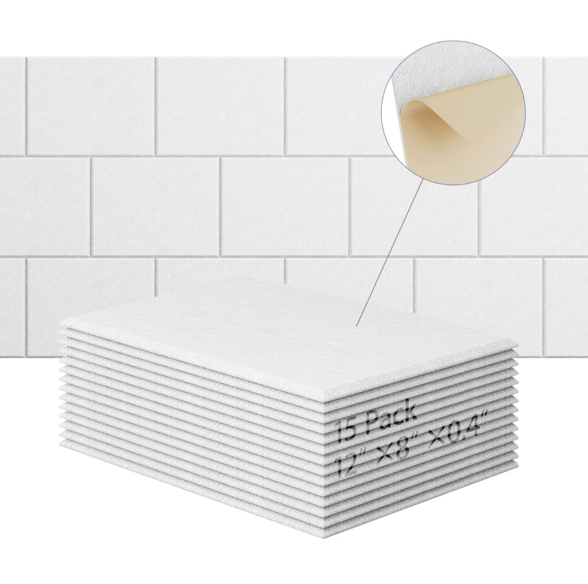 Zestaw 15 samoprzylepnych paneli akustycznych, wypełnienie dźwiękochłonne z poliestru, panele ścienne o wysokiej gęstości, 30 x 20 cm, białe