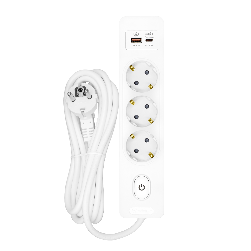 Multiprise SELDUR G3TH32B, 3 prises type F + interrupteur, USB A+C charge rapide 20W, Blanc, câble 3m - 2