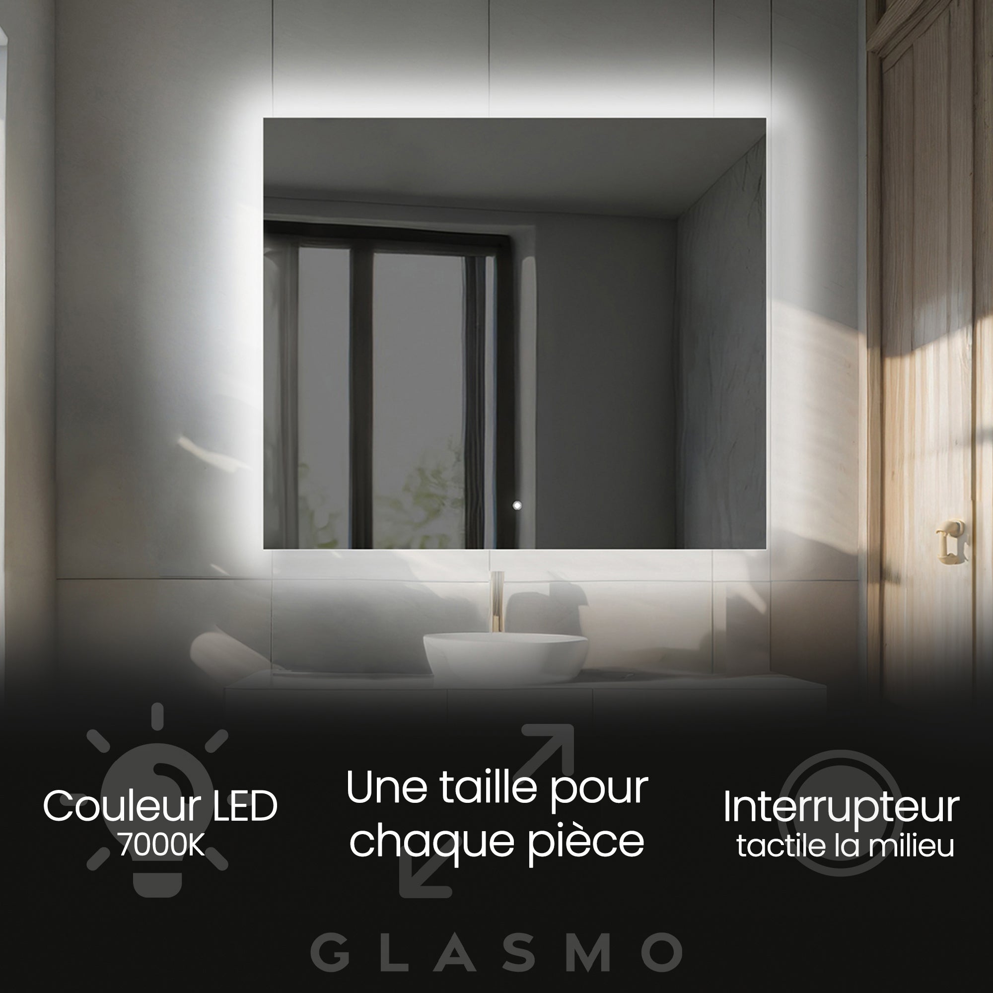 Espejo con iluminación led para baño - ellie | 170x100 cm | blanco frío 7000k | interruptor táctil