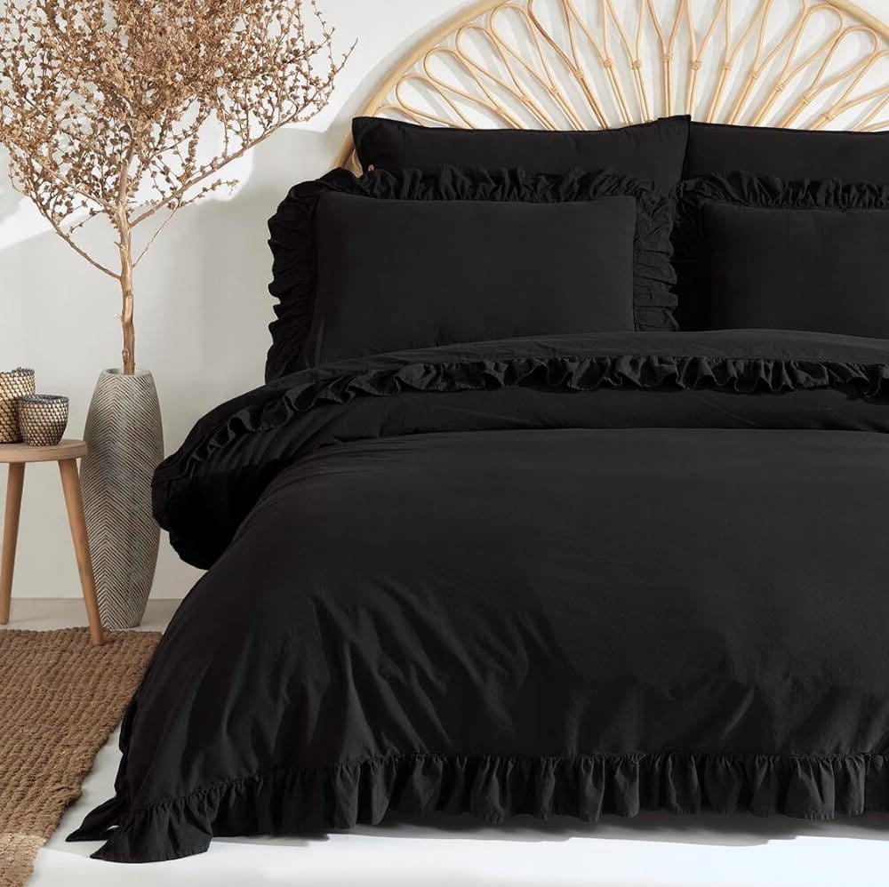 Pościel bawełniana z falbanką 220x200 Stonewashed Exclusive, Black, czarna - Limasso