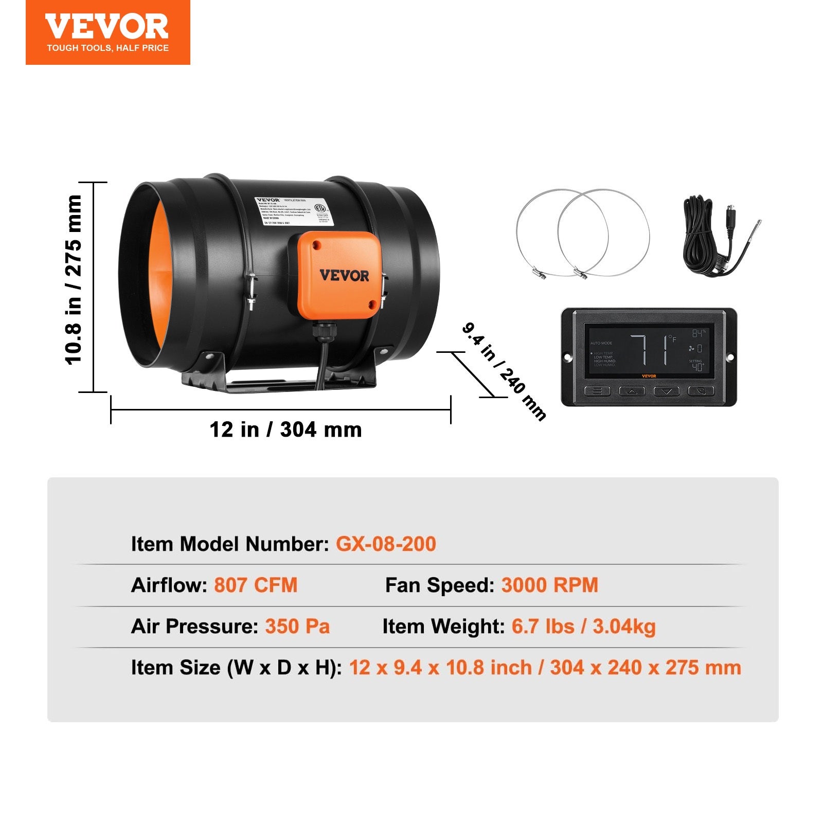 Ventilateur d'Extraction VEVOR en Ligne 200 mm Extracteur de Conduit d'Air avec Capteur de Température pour Salons Tentes Cuisines Sous-Sols - 7