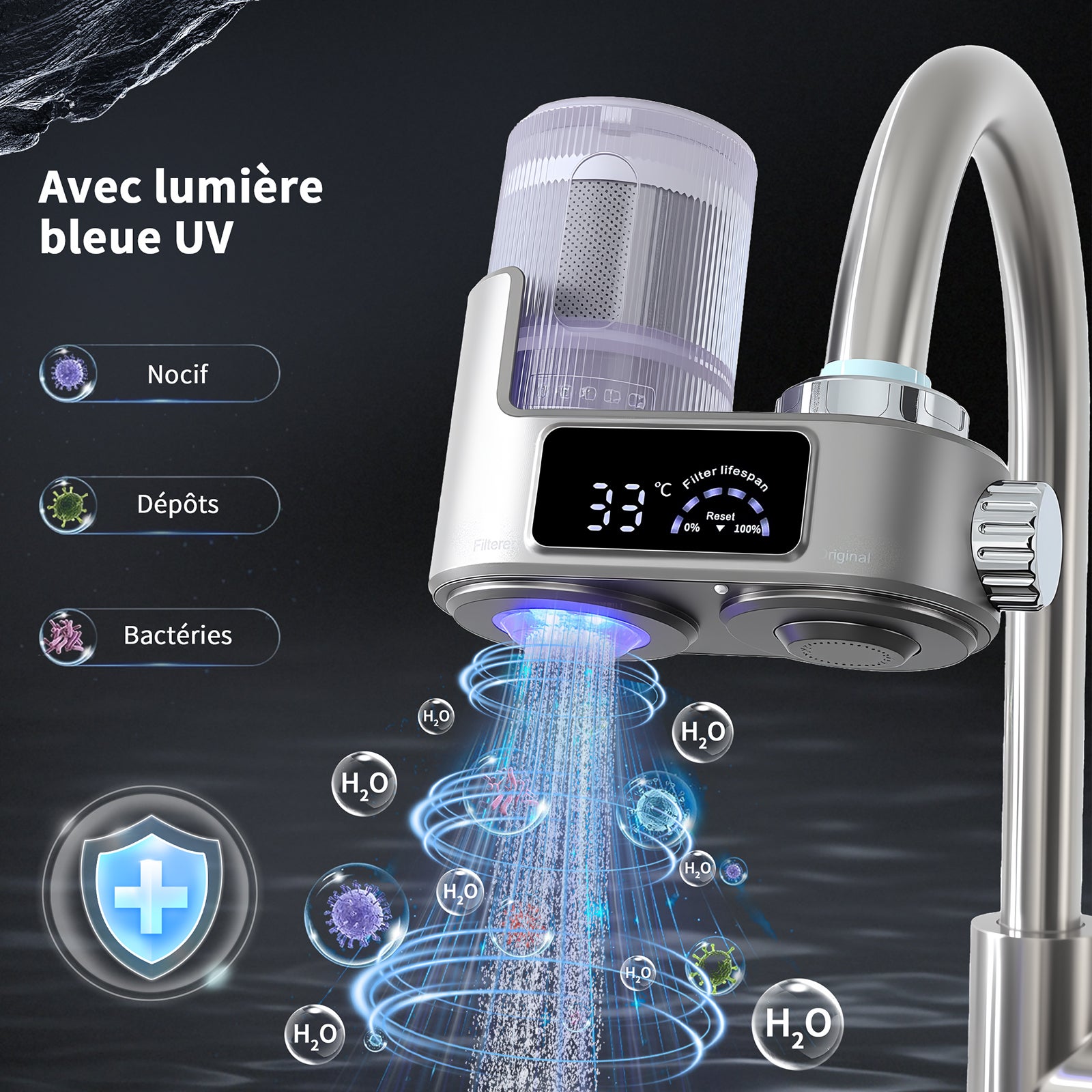 Système de Filtration d'Eau pour Robinet, Filtre à eau Gris - Élimine l'Oxyde, le Chlore, les Nitrates, les Sédiments et les Pesticides - 3