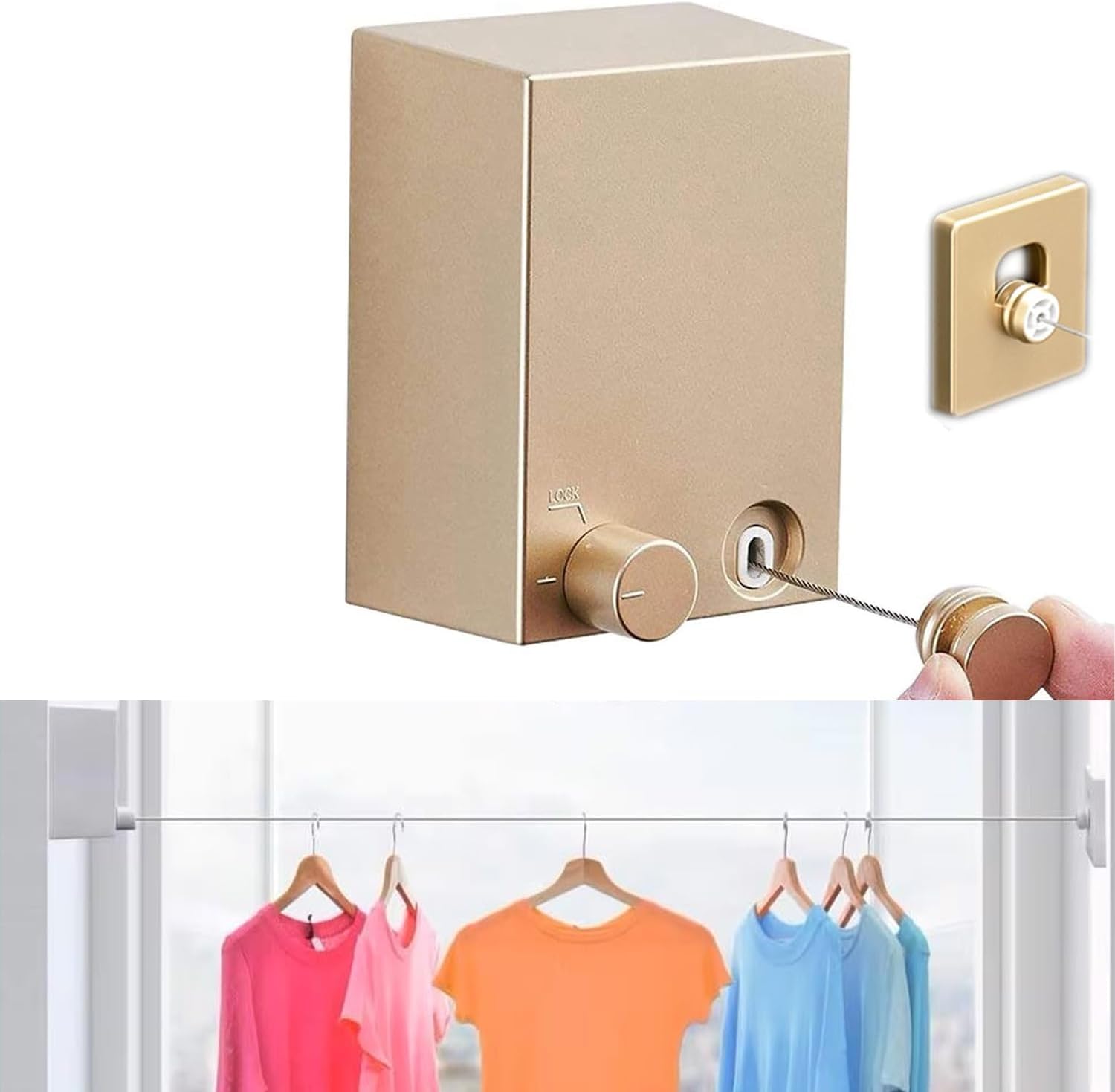 Rozsuwana linka do suszenia ubrań, przenośna linka do suszenia ubrań, obudowa ABS + aluminium, odpowiednia na balkon, długość 4,2 metra, kolor złoty