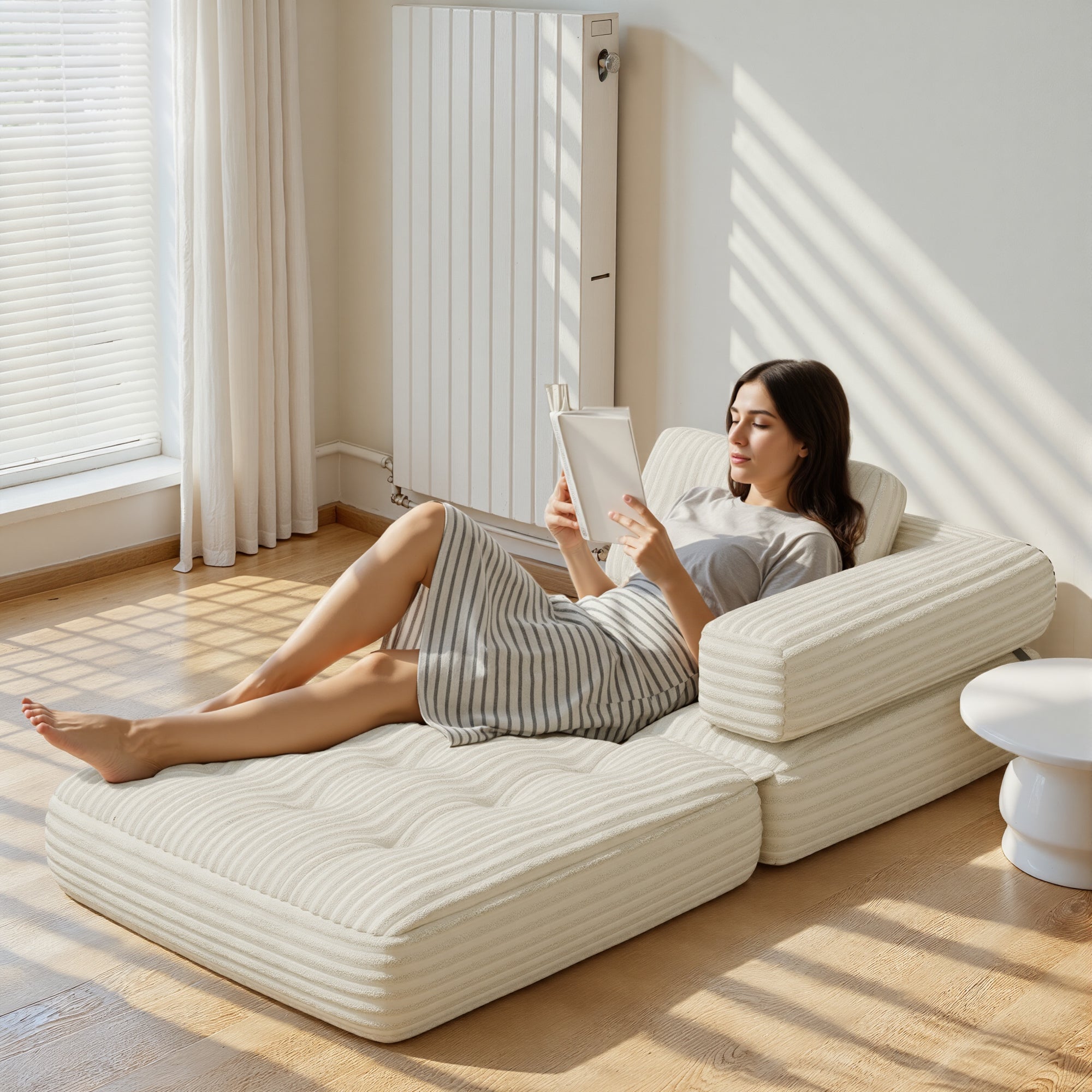 Bealife Sofá Conversível Poltrona-Cama Individual em L Branco Veludo Cotelado Travesseiro Longo 85 x 85 cm - 2