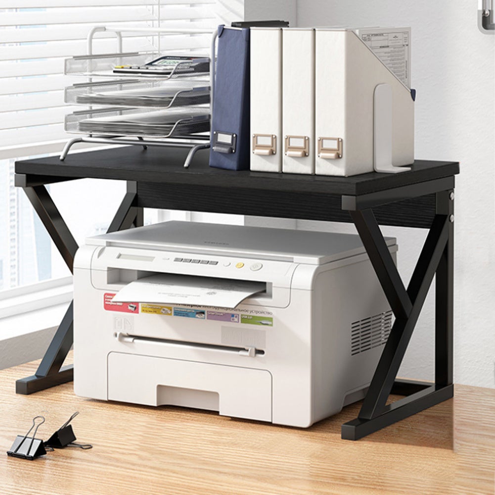 Support D'Imprimante Bureau 2 Niveaux - Acier Et MDF - Noir Ou Marron - Charge 10 Kg - Gain De Place