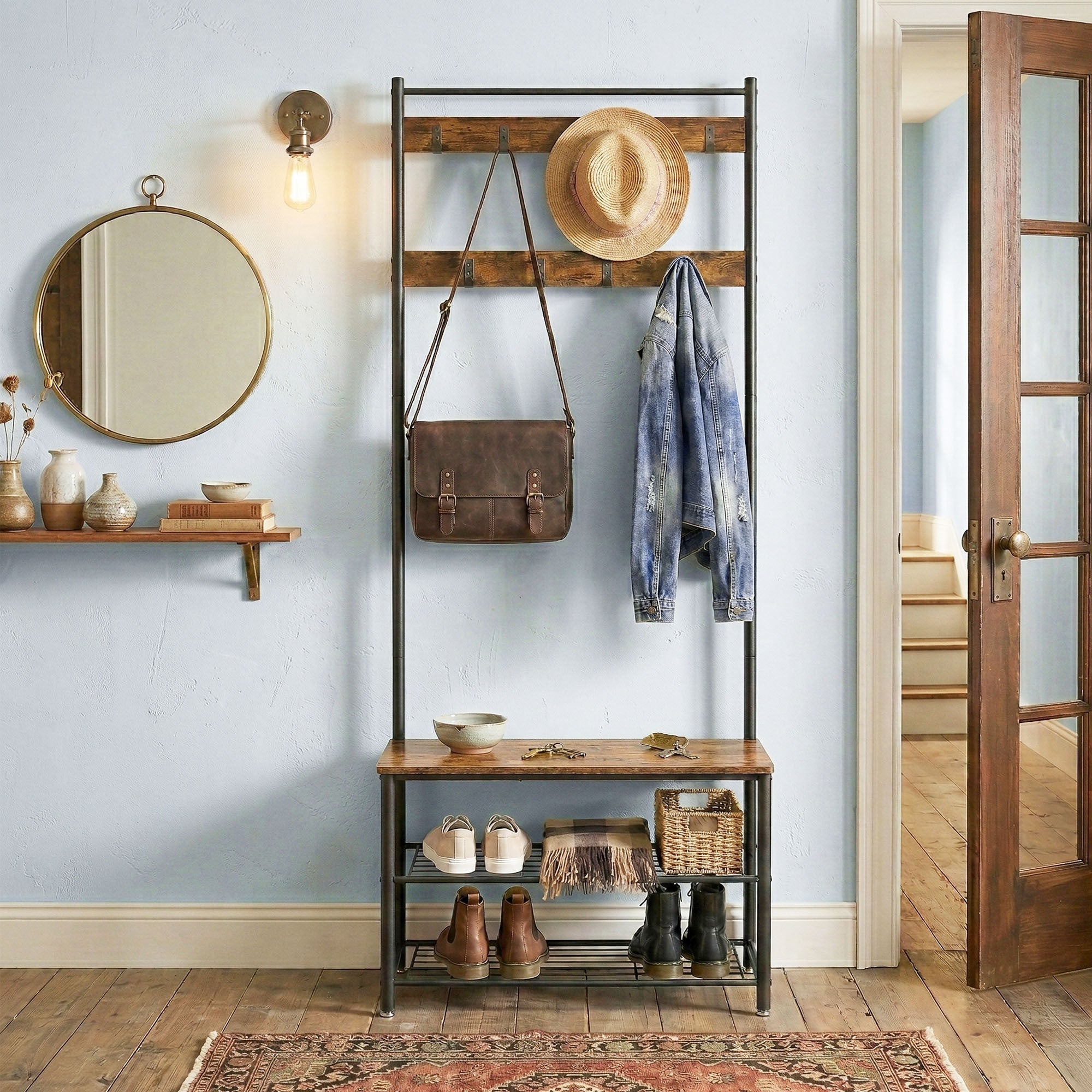 Portemanteau, 32 x 70 x 175 cm, Vestiaire avec Banc de Rangement pour Chaussures, Style Industriel, Marron et Noir - 2
