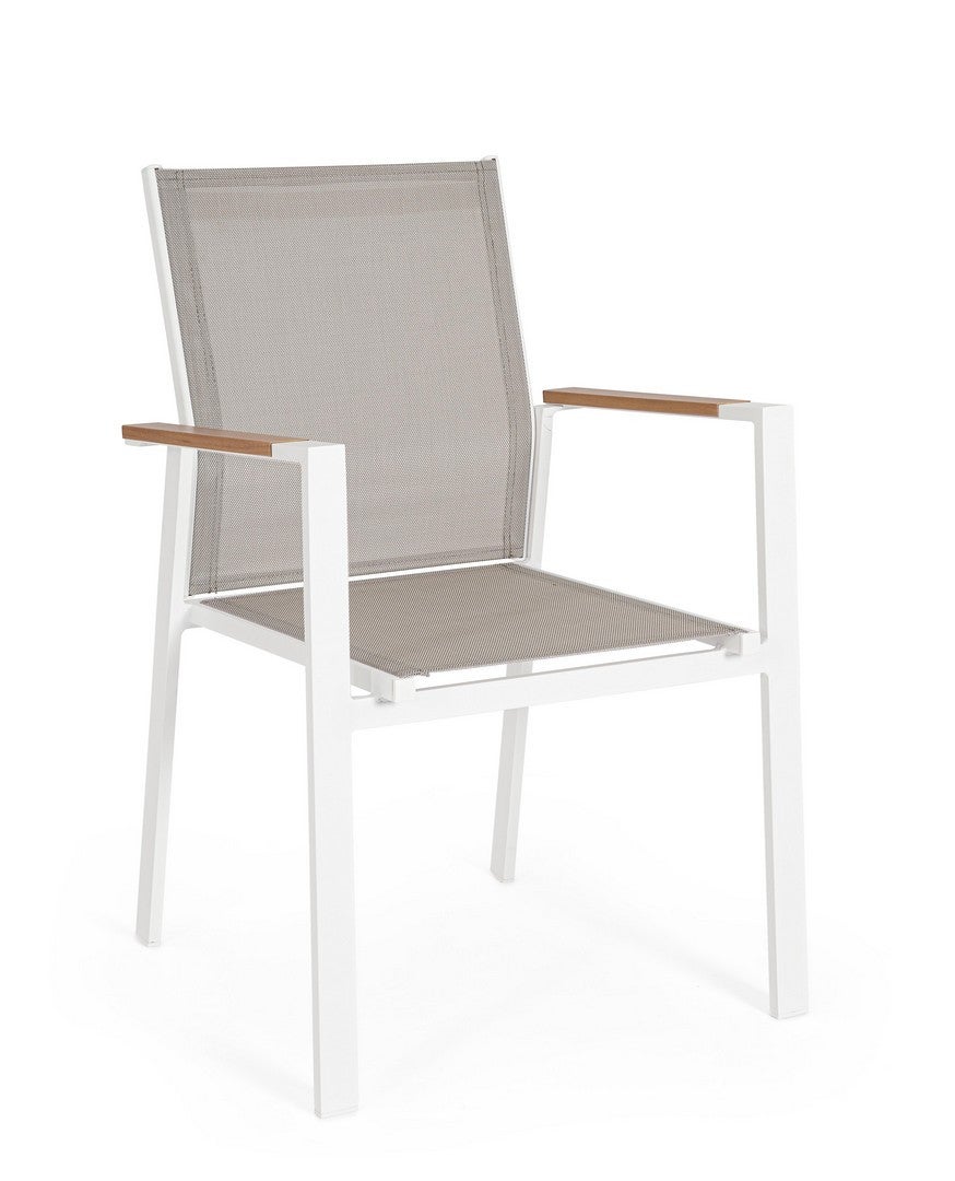 Zestaw 6 białych krzeseł „Heta” z aluminium i materiału tekstylnego z podłokietnikami imitującymi drewno