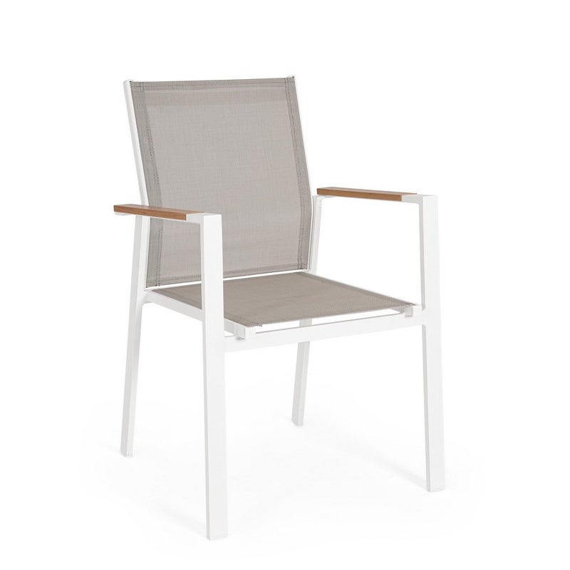 Zestaw 6 białych krzeseł „Heta” z aluminium i materiału tekstylnego z podłokietnikami imitującymi drewno