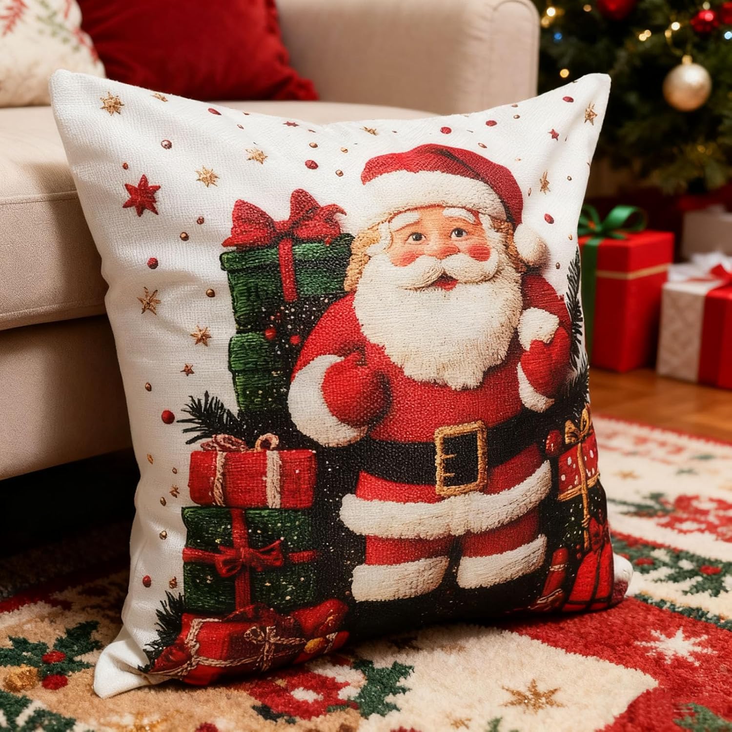 Housse de Coussin Noël 45 x 45cm, Lot de 4 Housse Coussin Noel Sapin, Lin Décoratif Taie d'oreiller de Noel d’Hiver, pour Canapé Salon Chambre Chaise - 5