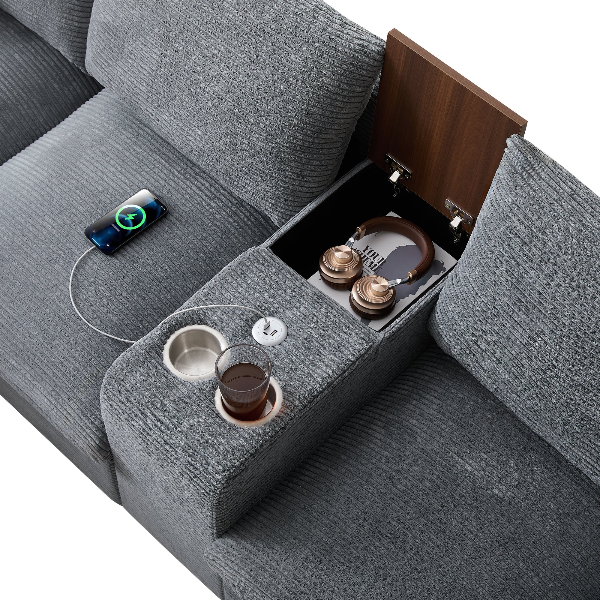 Canapé moderne - avec console - 2 porte-gobelets - port de chargement USB - poches de rangement sur les accoudoirs - avec coussins - gris - 8