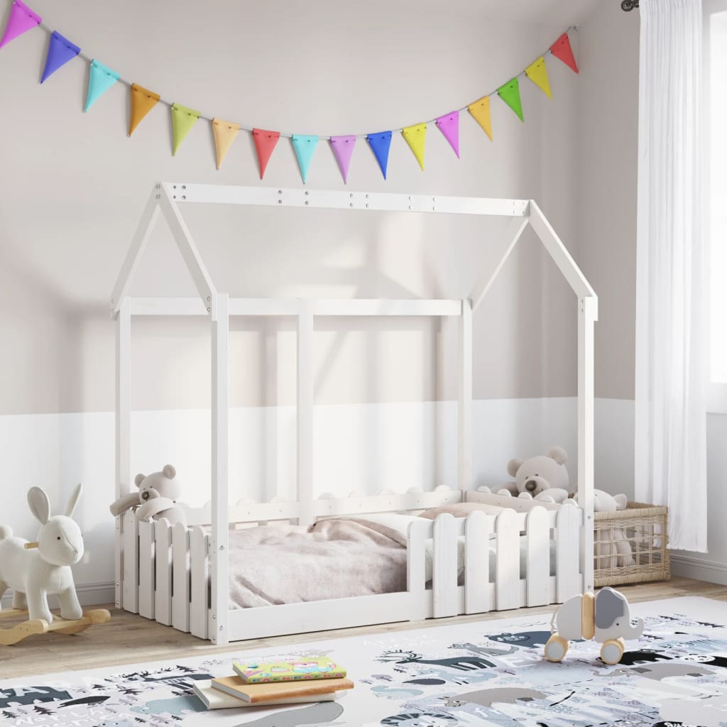 Cadre De Lit Enfant Forme Maison 70×140 Cm – Bois Pin Massif, Lit Bas Avec Barrières & Toit Ouvert – VidaXL