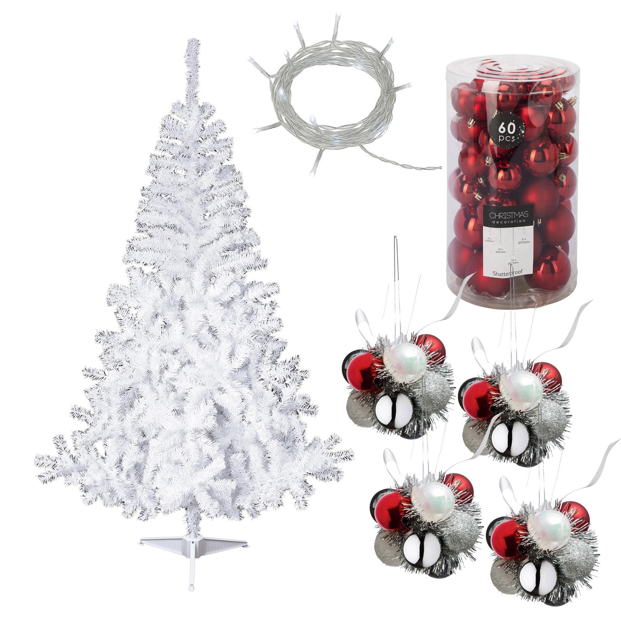 Sapin Boules Rouges Elegant Sapin de Noël blanc WellHome de 150 cm avec guirlande LED, 60 boules ...