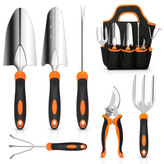 7 articles, sécateur, fourche de jardin, truelle, pelle, outil de désherbage, outil de semis, sac à outils