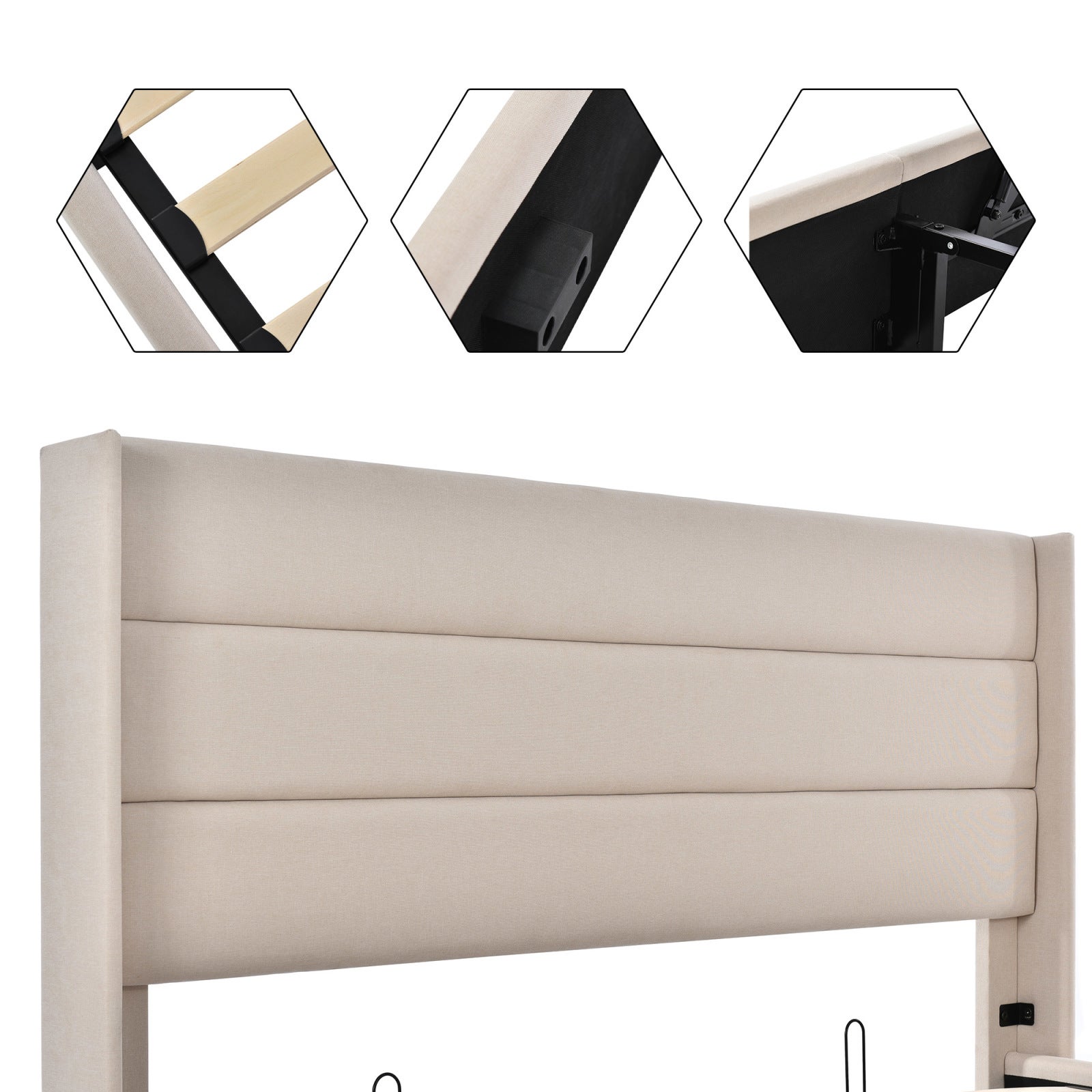 Lit coffre 160x200 avec rangement, lit double adulte avec sommier, structure métallique, revêtement en lin, grand espace de rangement - Beige - 6